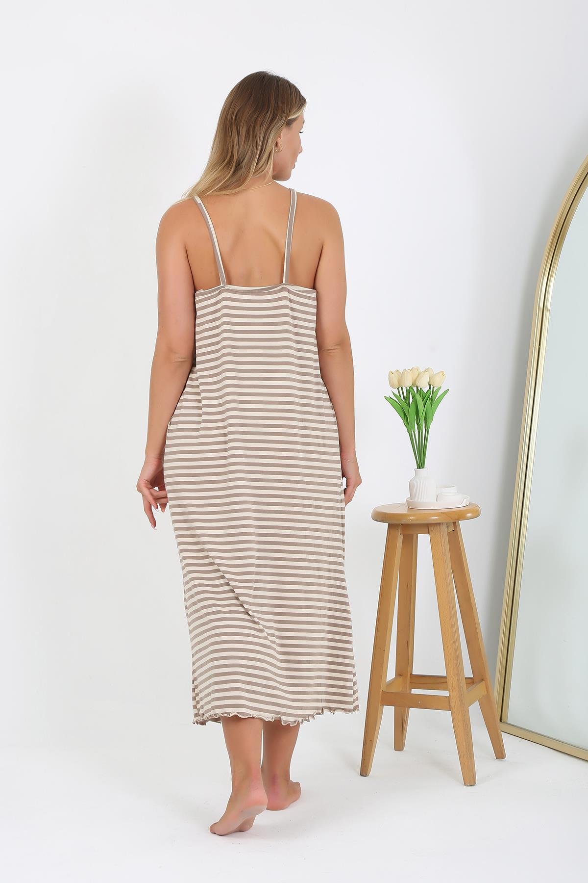 Akbeniz Kadın Büyük Beden İp Askılı Uzun Gecelik 12109 Sütlü Kahve