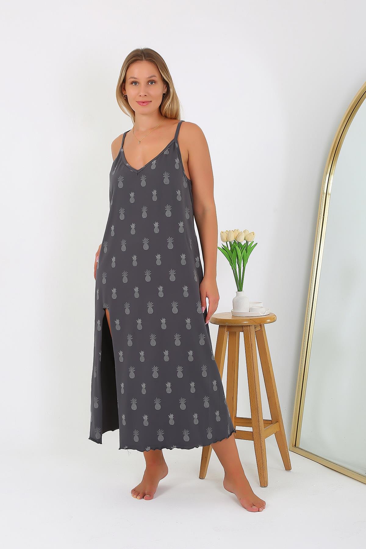 Akbeniz Kadın Büyük Beden İp Askılı Uzun Gecelik 12112