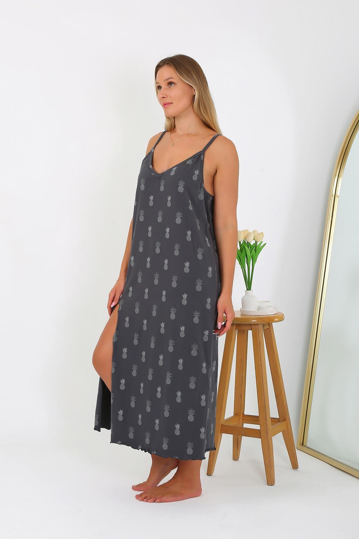 Akbeniz Kadın Büyük Beden İp Askılı Uzun Gecelik 12112