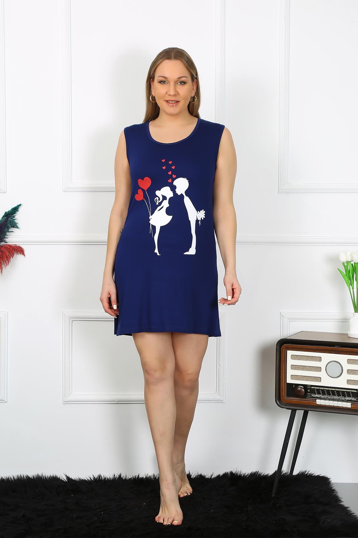 Akbeniz Kadın Büyük Beden Kalın Askılı Penye Diz Üstü Lacivert Gecelik 12501