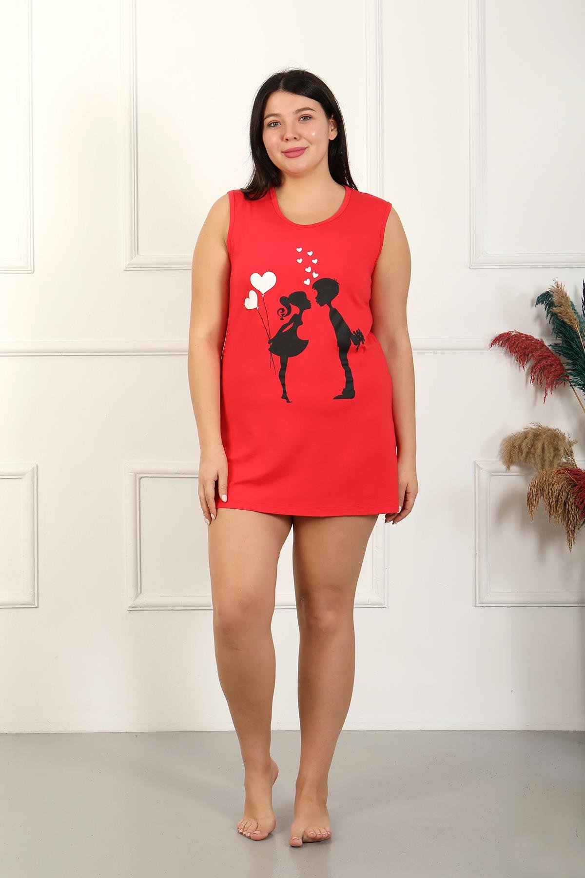 Akbeniz Kadın Büyük Beden Kalın Askılı Penye Diz Üstü Kırmızı Gecelik 12501