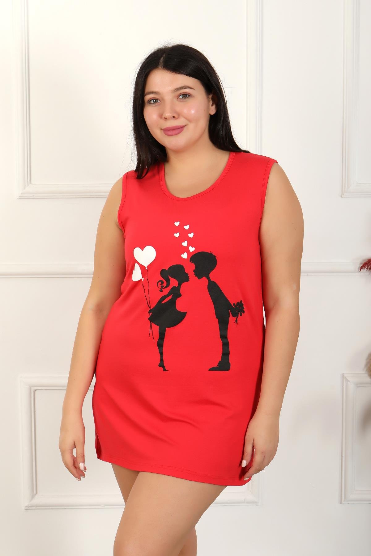 Akbeniz Kadın Büyük Beden Kalın Askılı Penye Diz Üstü Kırmızı Gecelik 12501