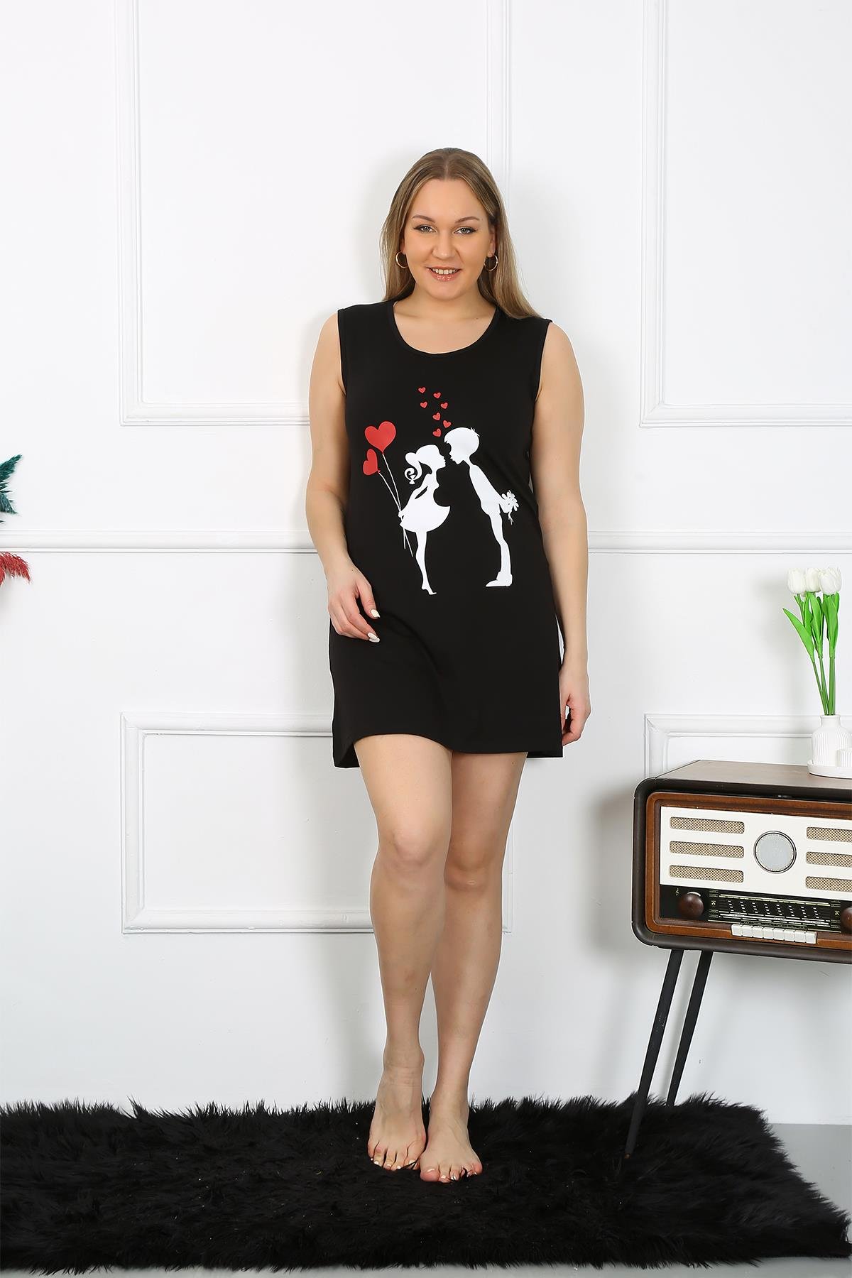 Akbeniz Kadın Büyük Beden Kalın Askılı Penye Diz Üstü Siyah Gecelik 12501