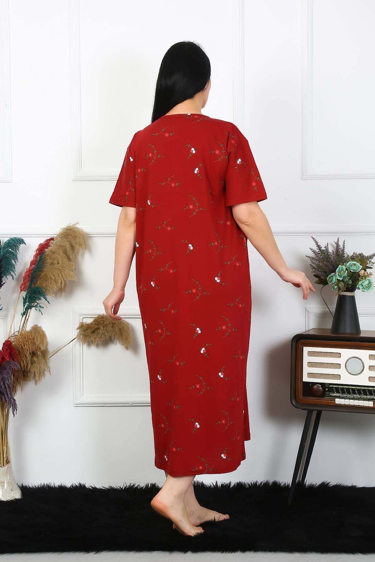 Akbeniz Kadın Büyük Beden Kısa Kol Bordo Anne Gecelik 1370