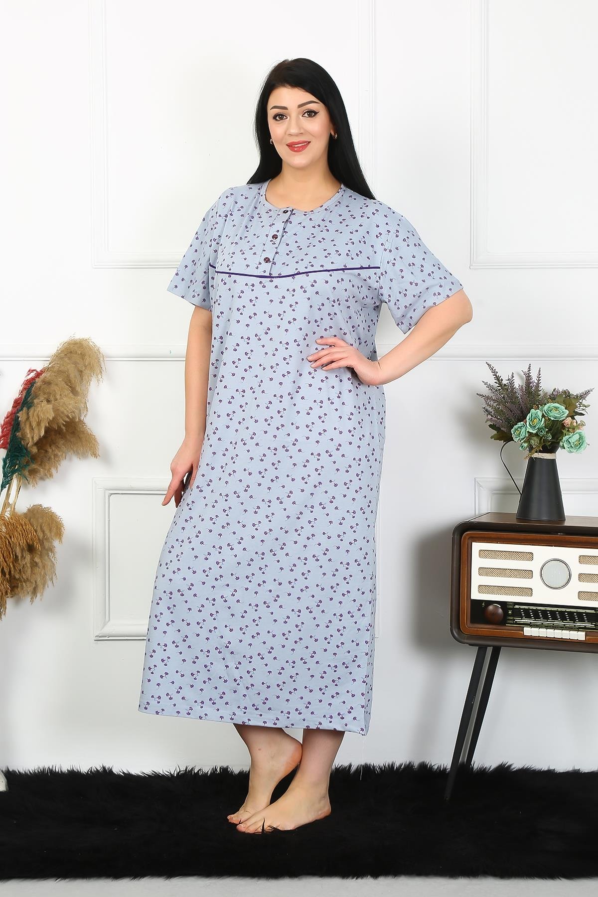 Akbeniz Kadın Büyük Beden Kısa Kol İndigo Anne Gecelik 1374