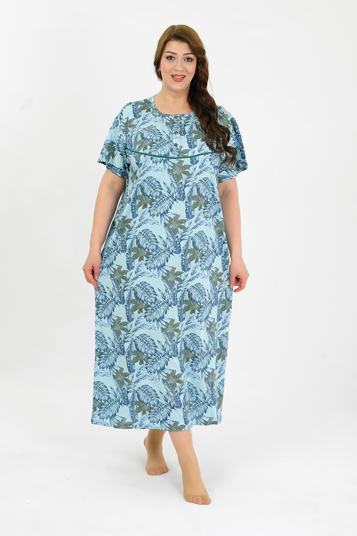 Akbeniz Kadın Büyük Beden Kısa Kol Mavi Anne Gecelik 1377