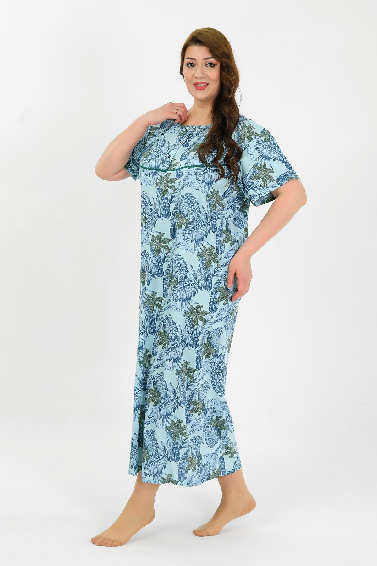 Akbeniz Kadın Büyük Beden Kısa Kol Mavi Anne Gecelik 1377