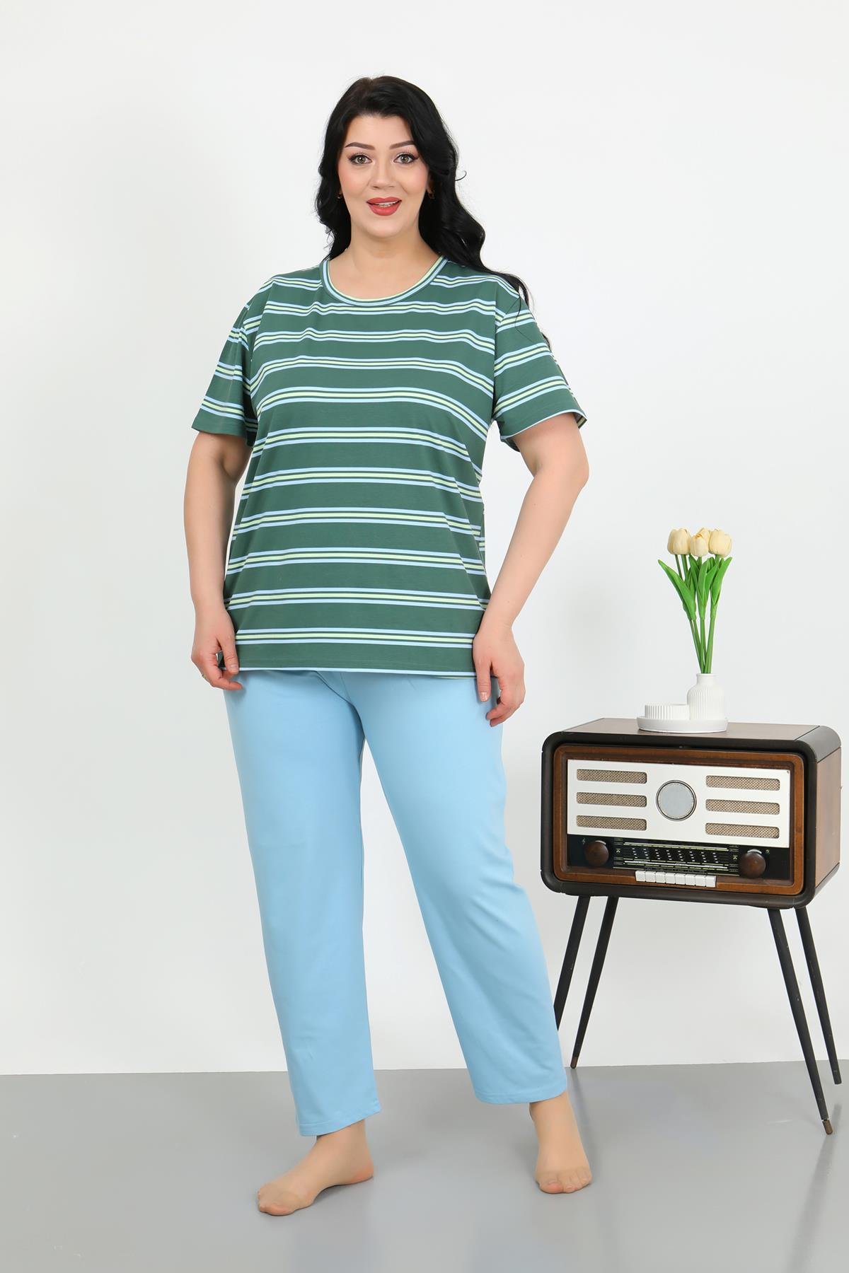Akbeniz Kadın Büyük Beden Kısa Kol Penye Pijama Takımı Petrol 202505