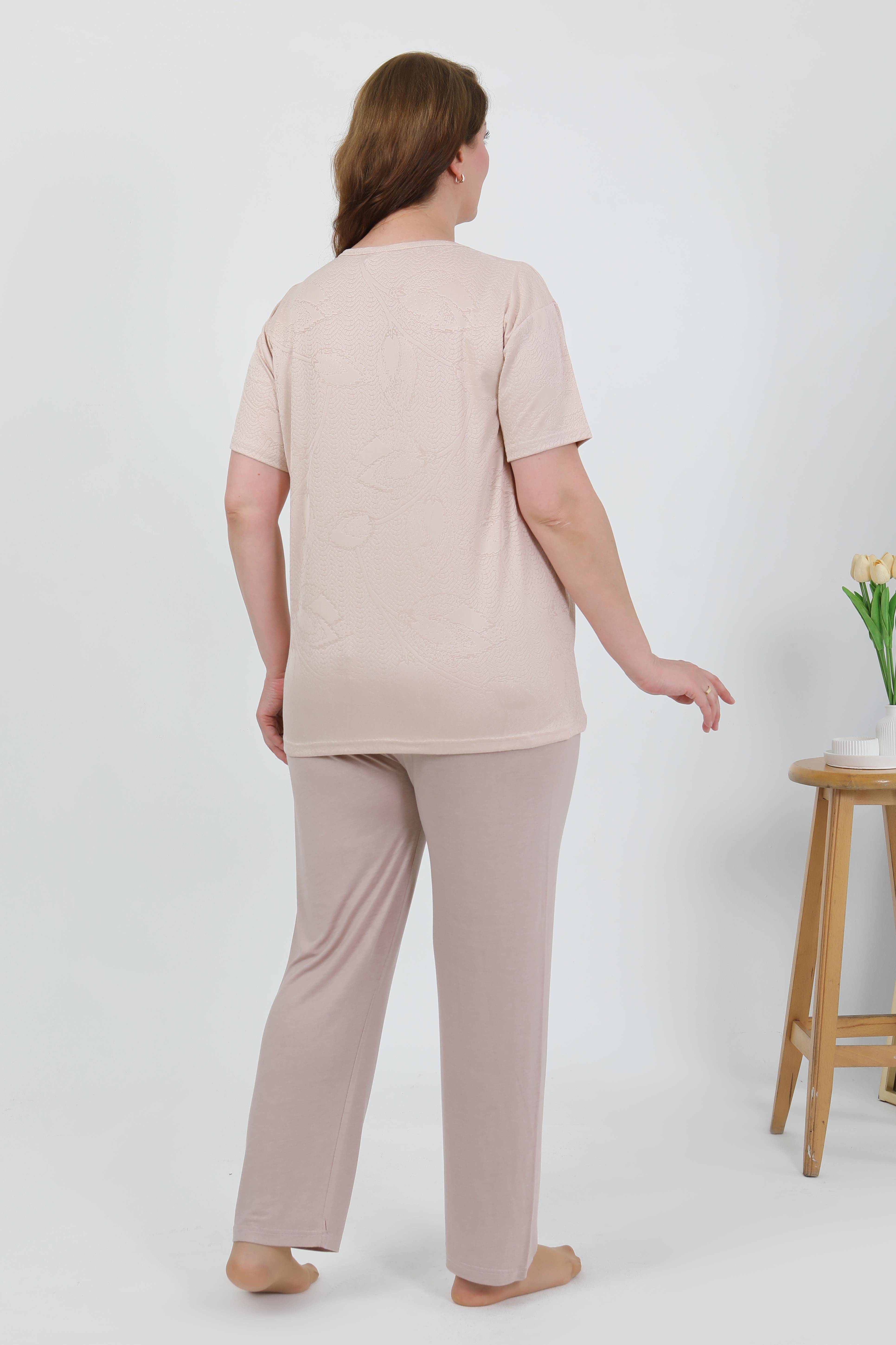 Akbeniz Kadın Büyük Beden Kısa Kol Penye Pijama Takımı Sütlü Kahve 202510