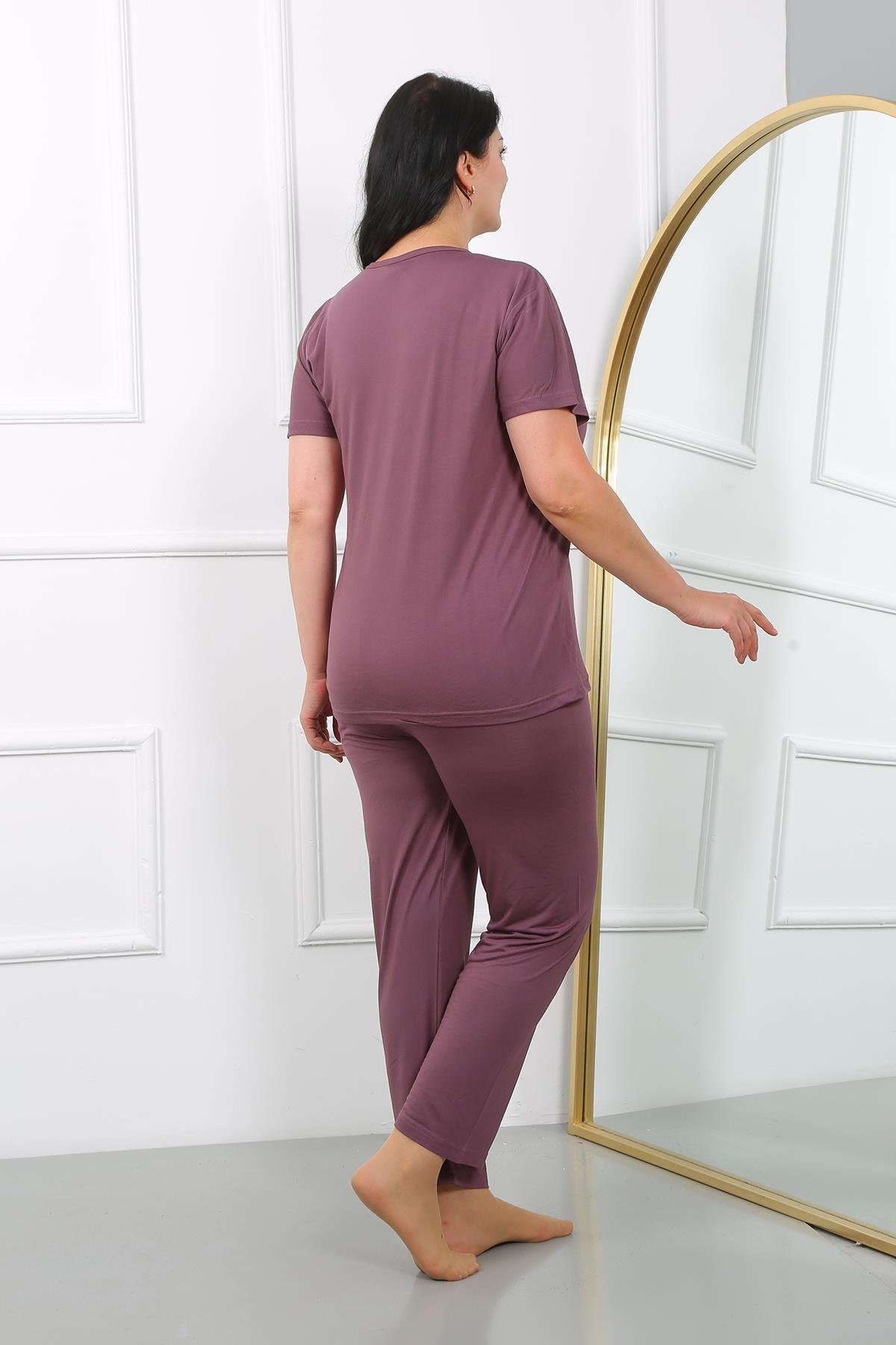 Akbeniz Kadın Büyük Beden  Kısa Kol Penye Pijama Takımı Mürdüm 202405 