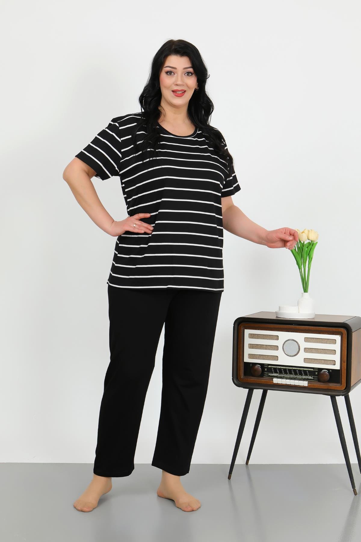 Akbeniz Kadın Büyük Beden Kısa Kol Penye Pijama Takımı Siyah 202505