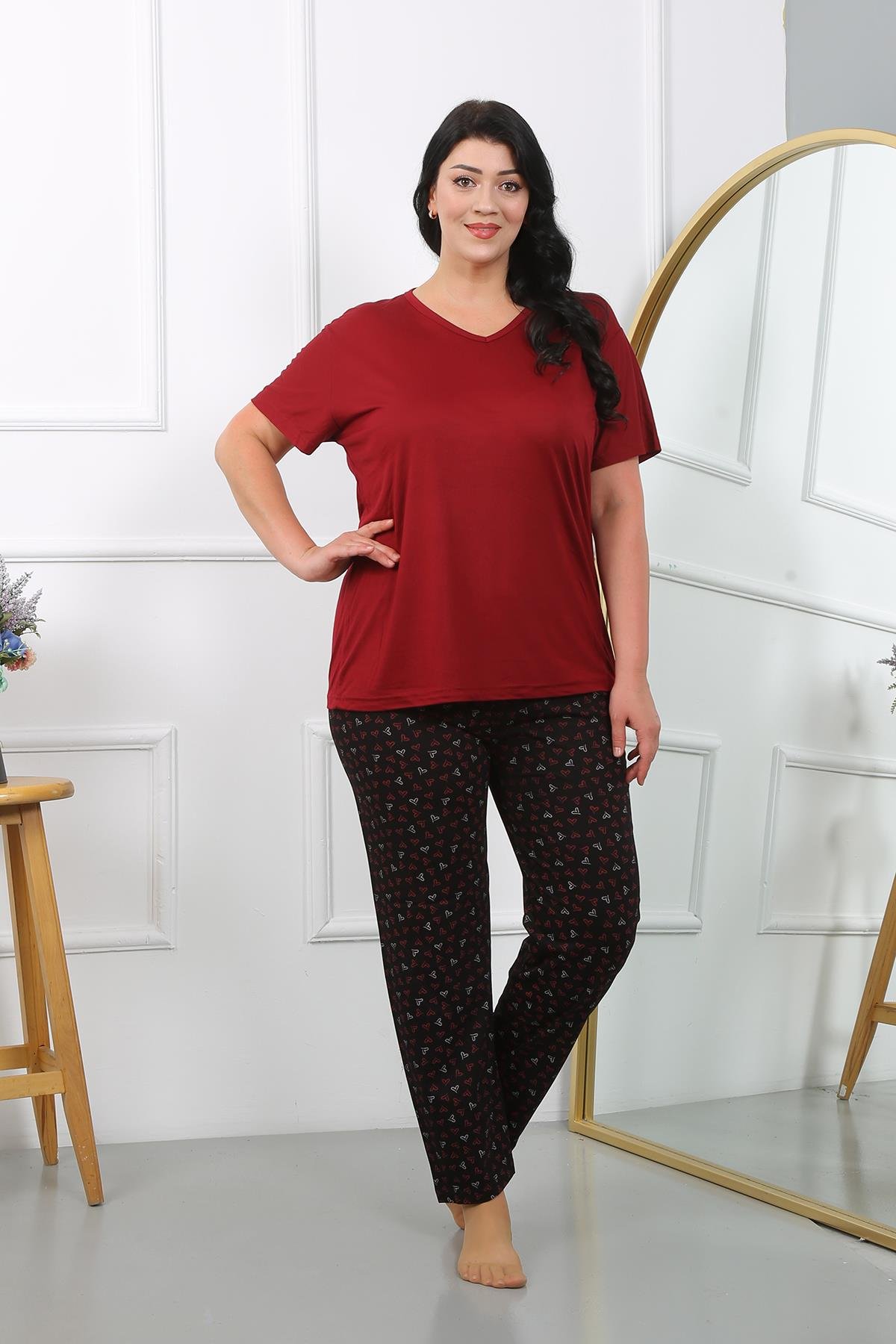 Akbeniz Kadın Büyük Beden  Kısa Kol Penye Pijama Takımı Bordo 202406