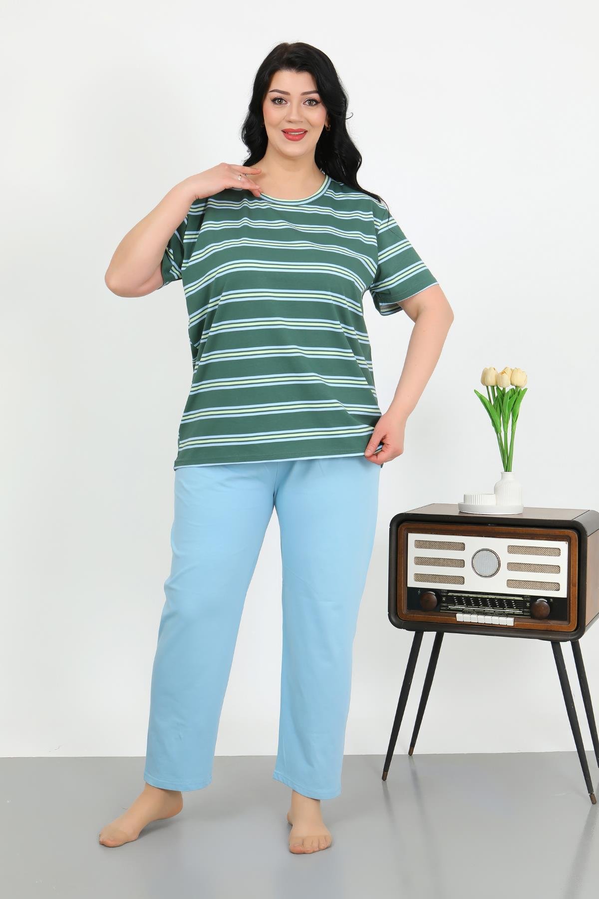 Akbeniz Kadın Büyük Beden Kısa Kol Penye Pijama Takımı Petrol 202505