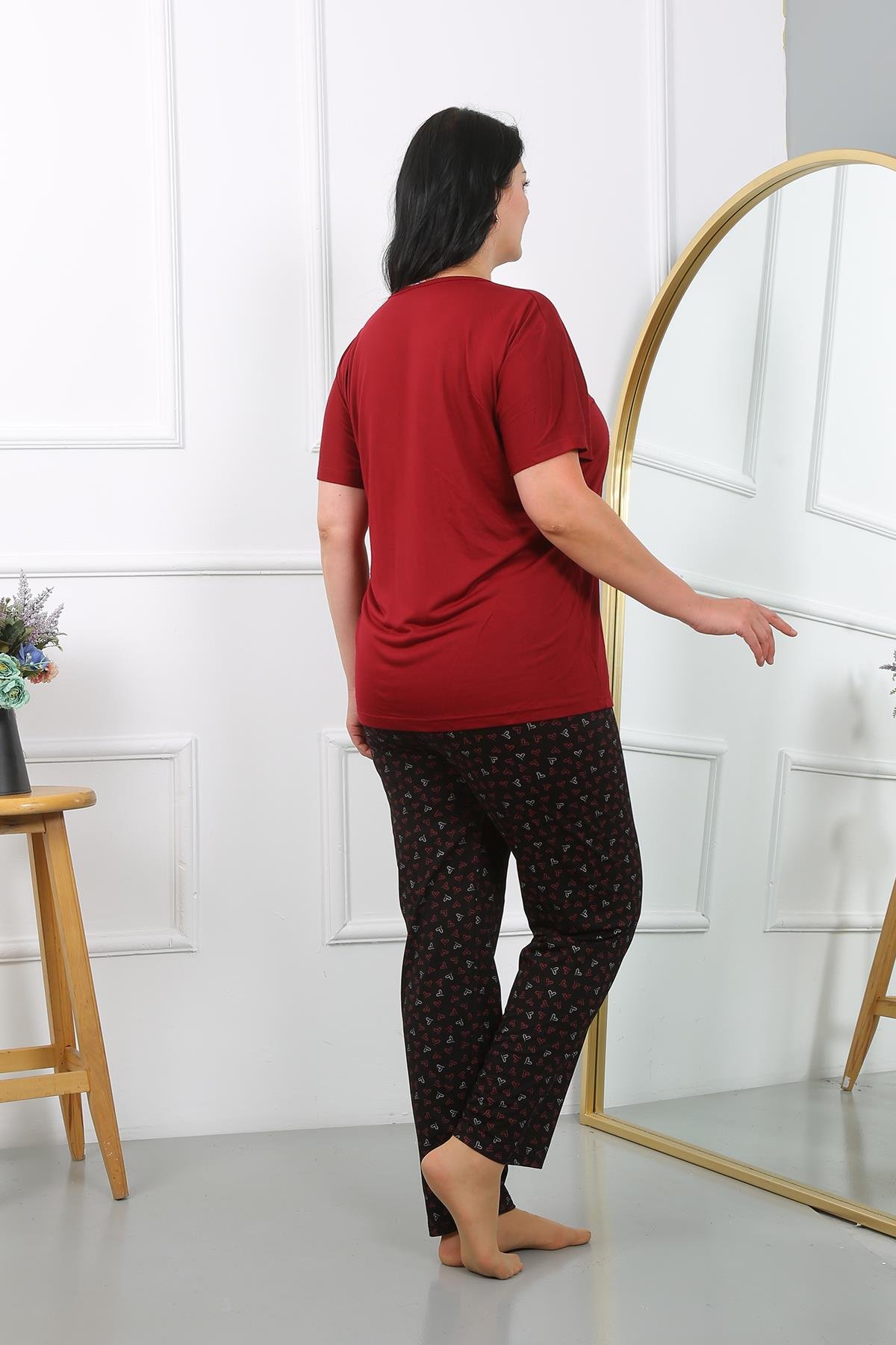 Akbeniz Kadın Büyük Beden  Kısa Kol Penye Pijama Takımı Bordo 202406