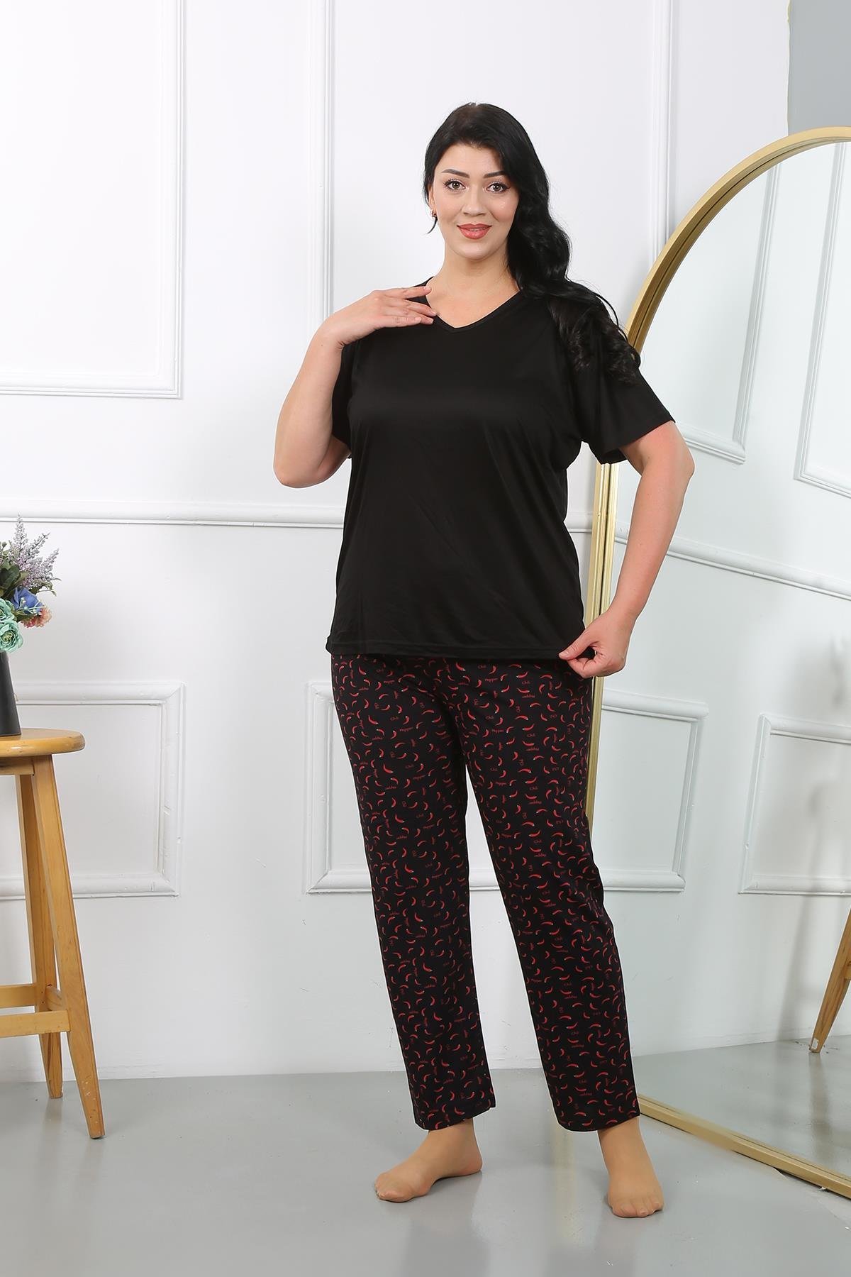 Akbeniz Kadın Büyük Beden  Kısa Kol Penye Pijama Takımı Siyah 202406