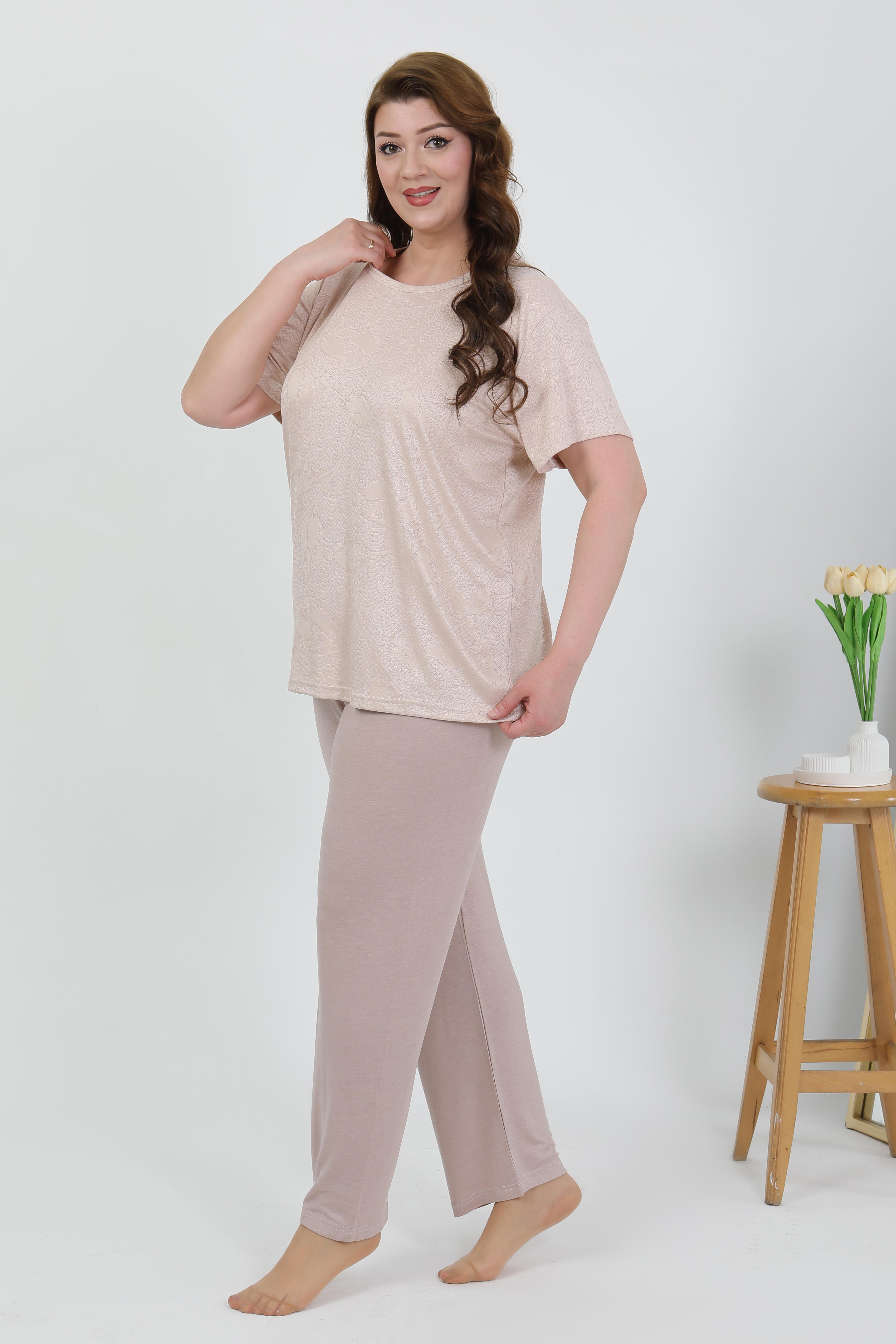 Akbeniz Kadın Büyük Beden Kısa Kol Penye Pijama Takımı Sütlü Kahve 202510