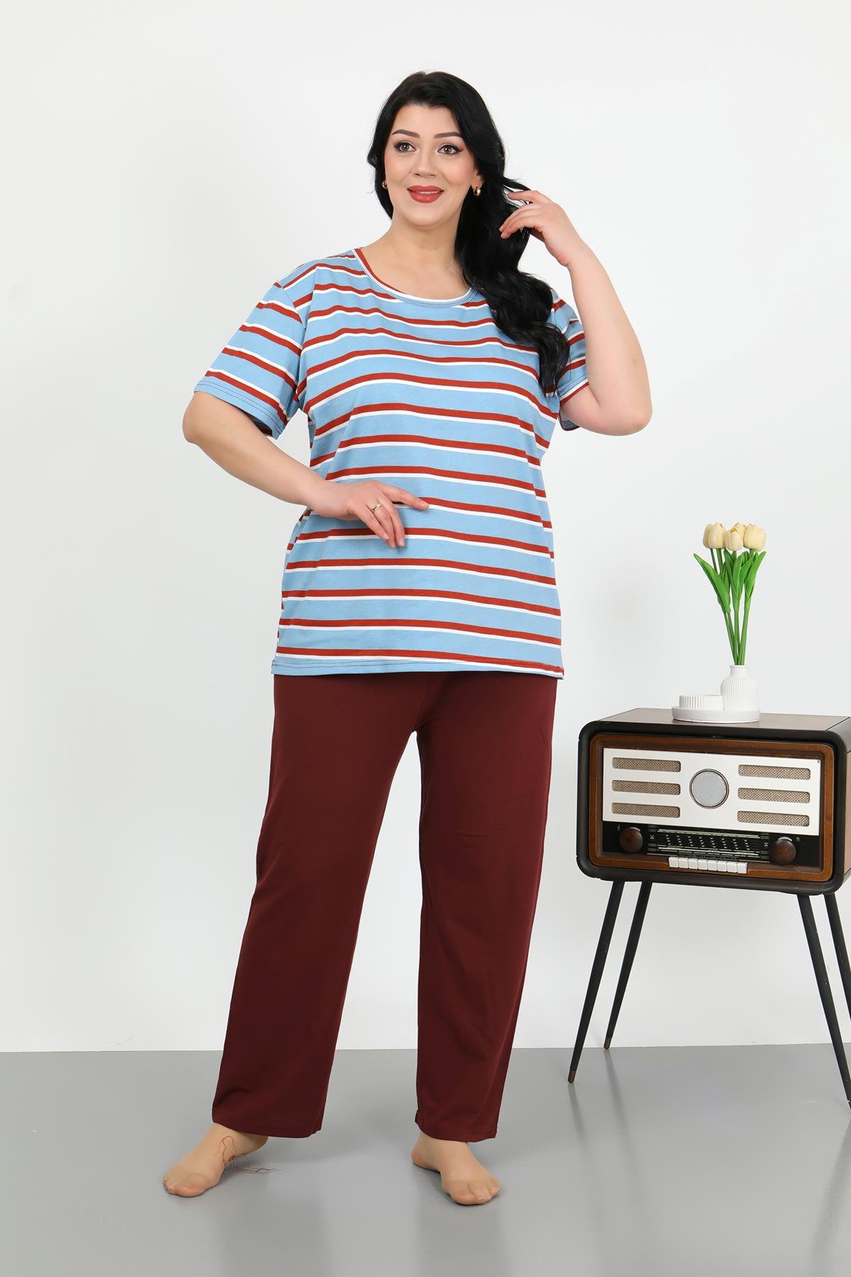 Akbeniz Kadın Büyük Beden Kısa Kol Penye Pijama Takımı Mavi 202505