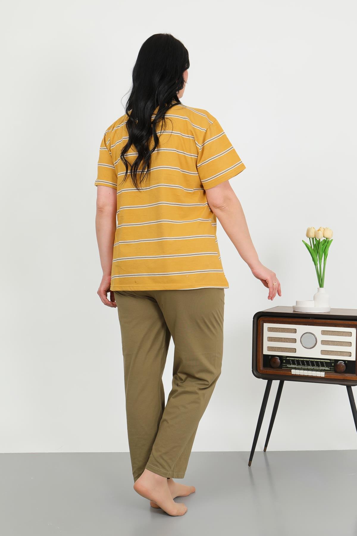 Akbeniz Kadın Büyük Beden Kısa Kol Penye Pijama Takımı Sarı 202505