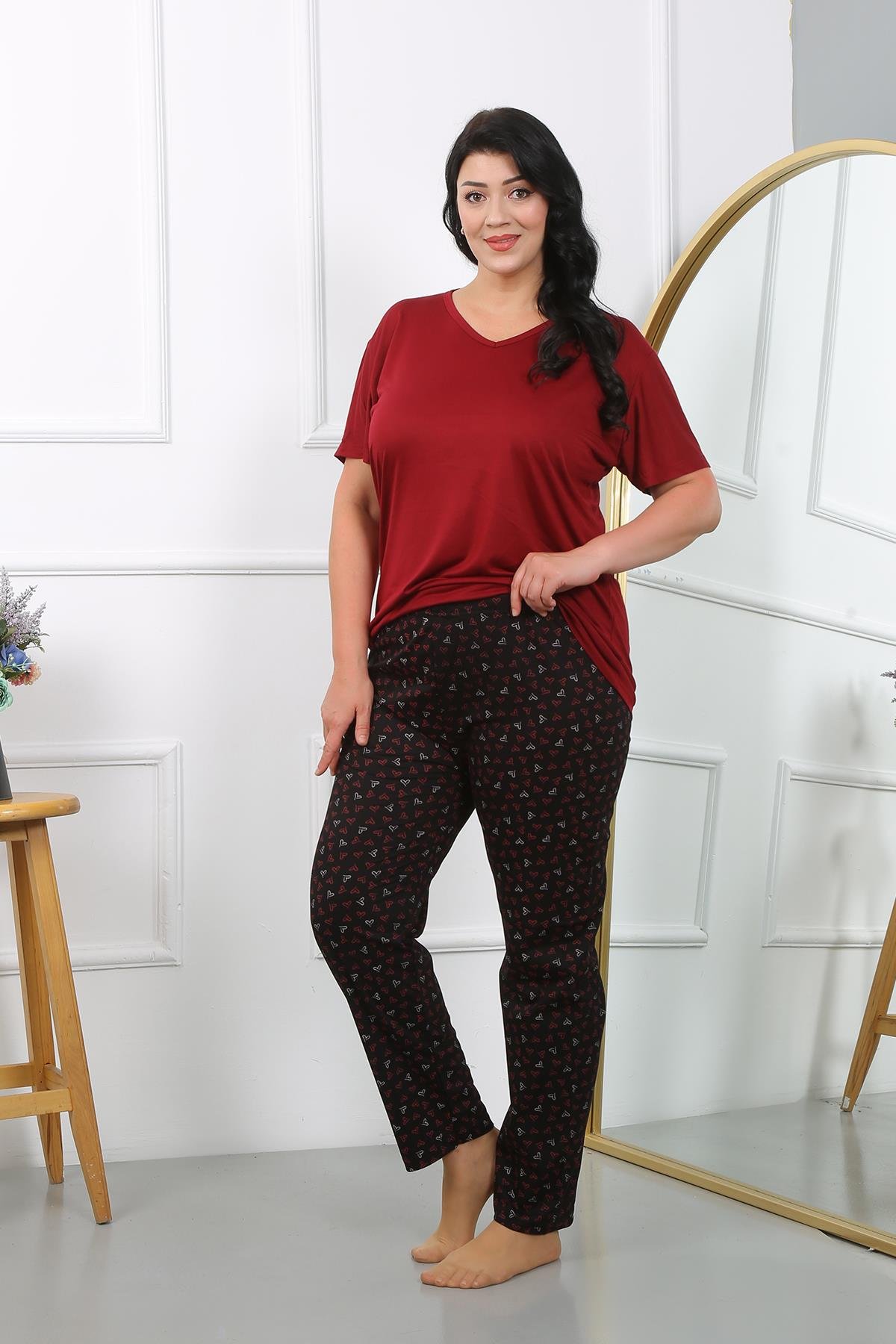 Akbeniz Kadın Büyük Beden  Kısa Kol Penye Pijama Takımı Bordo 202406
