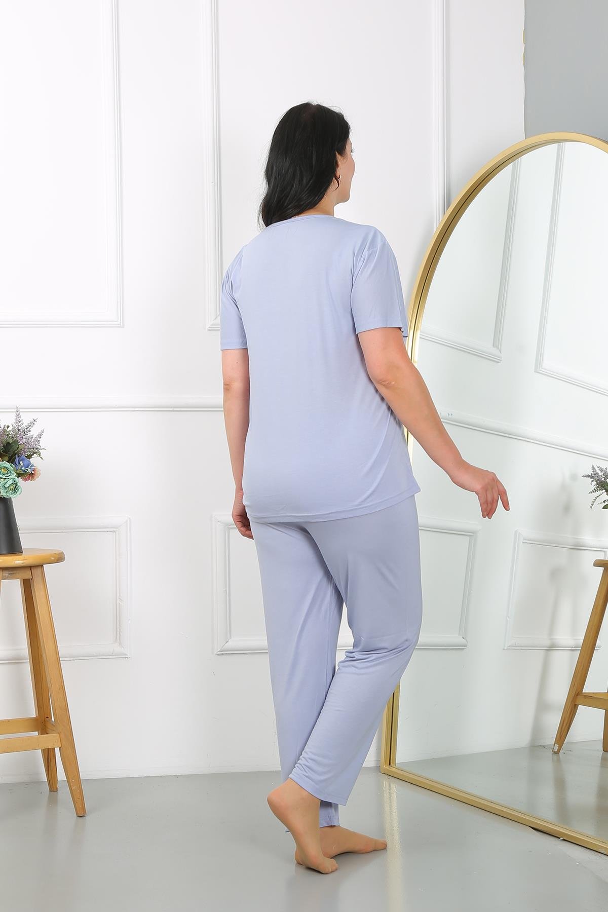 Akbeniz Kadın Büyük Beden  Kısa Kol Penye Pijama Takımı Lila 202405 