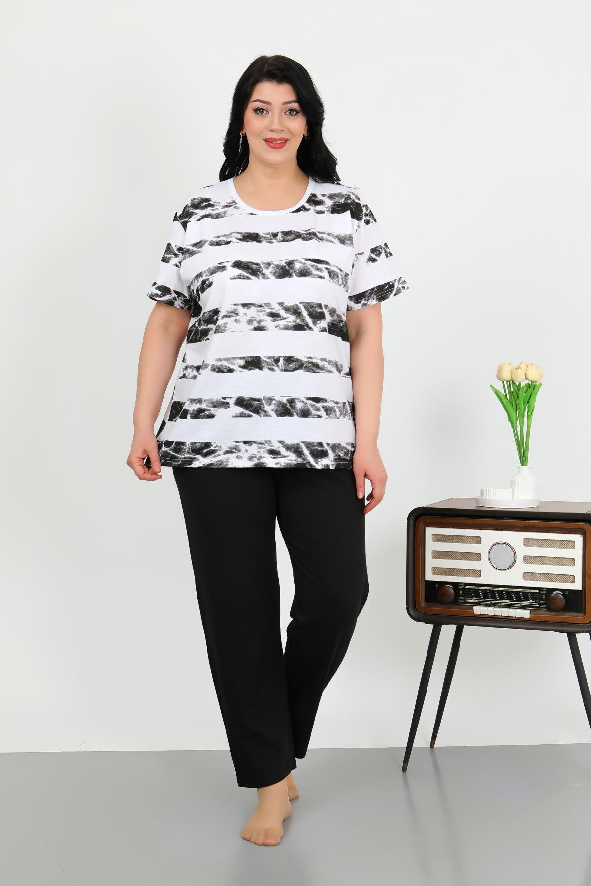 Akbeniz Kadın Büyük Beden Kısa Kol Penye Pijama Takımı Beyaz 202505