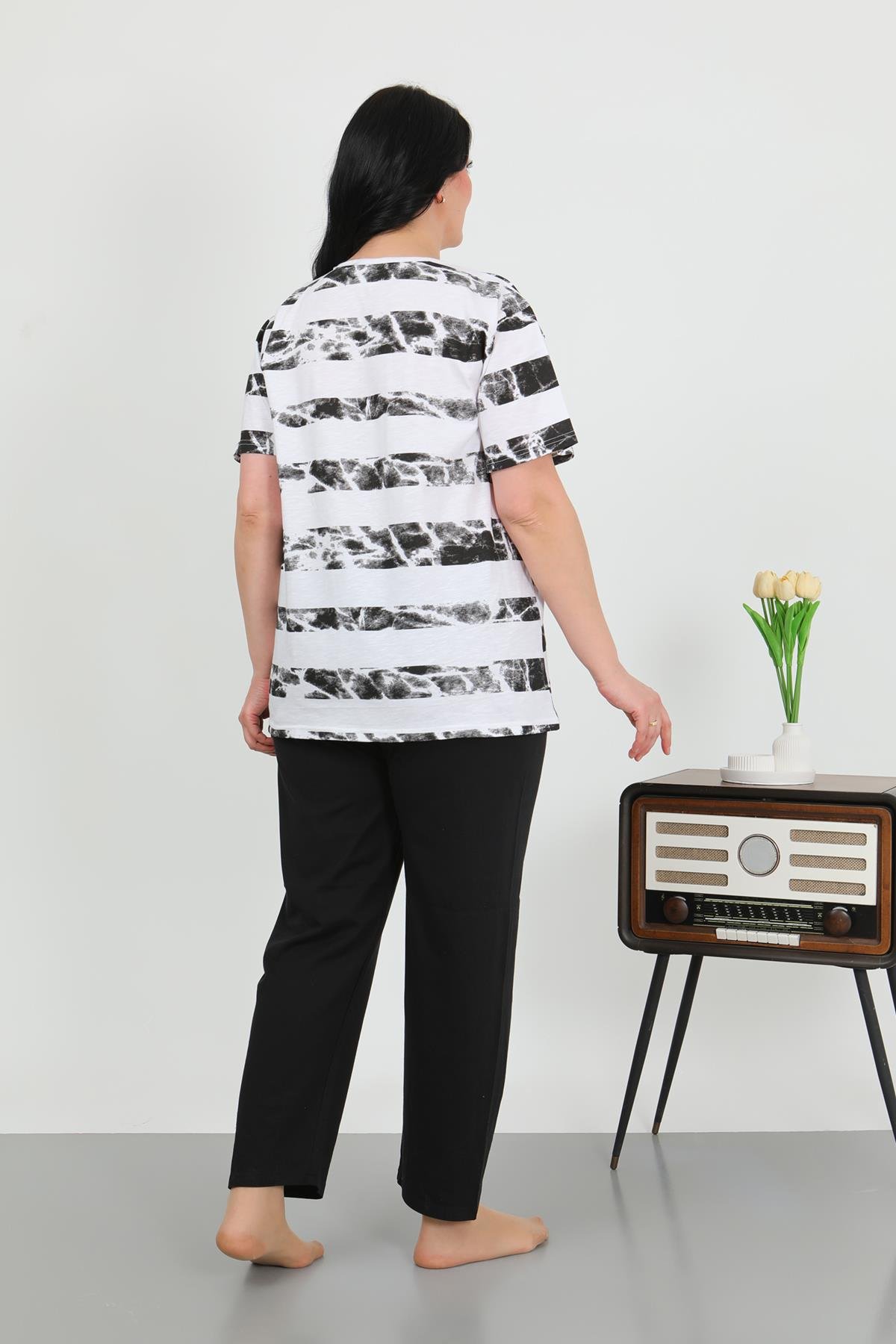 Akbeniz Kadın Büyük Beden Kısa Kol Penye Pijama Takımı Beyaz 202505