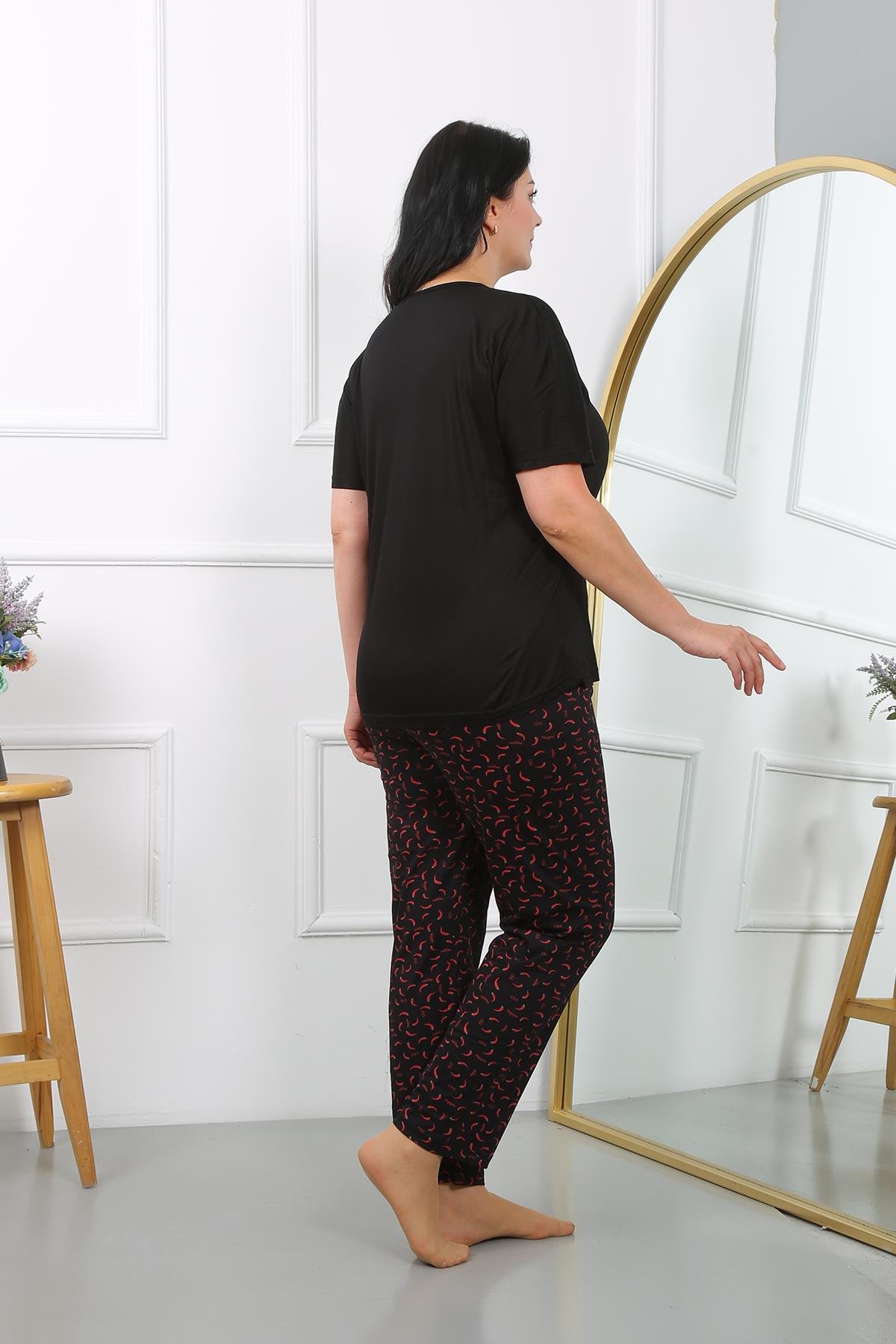 Akbeniz Kadın Büyük Beden  Kısa Kol Penye Pijama Takımı Siyah 202406