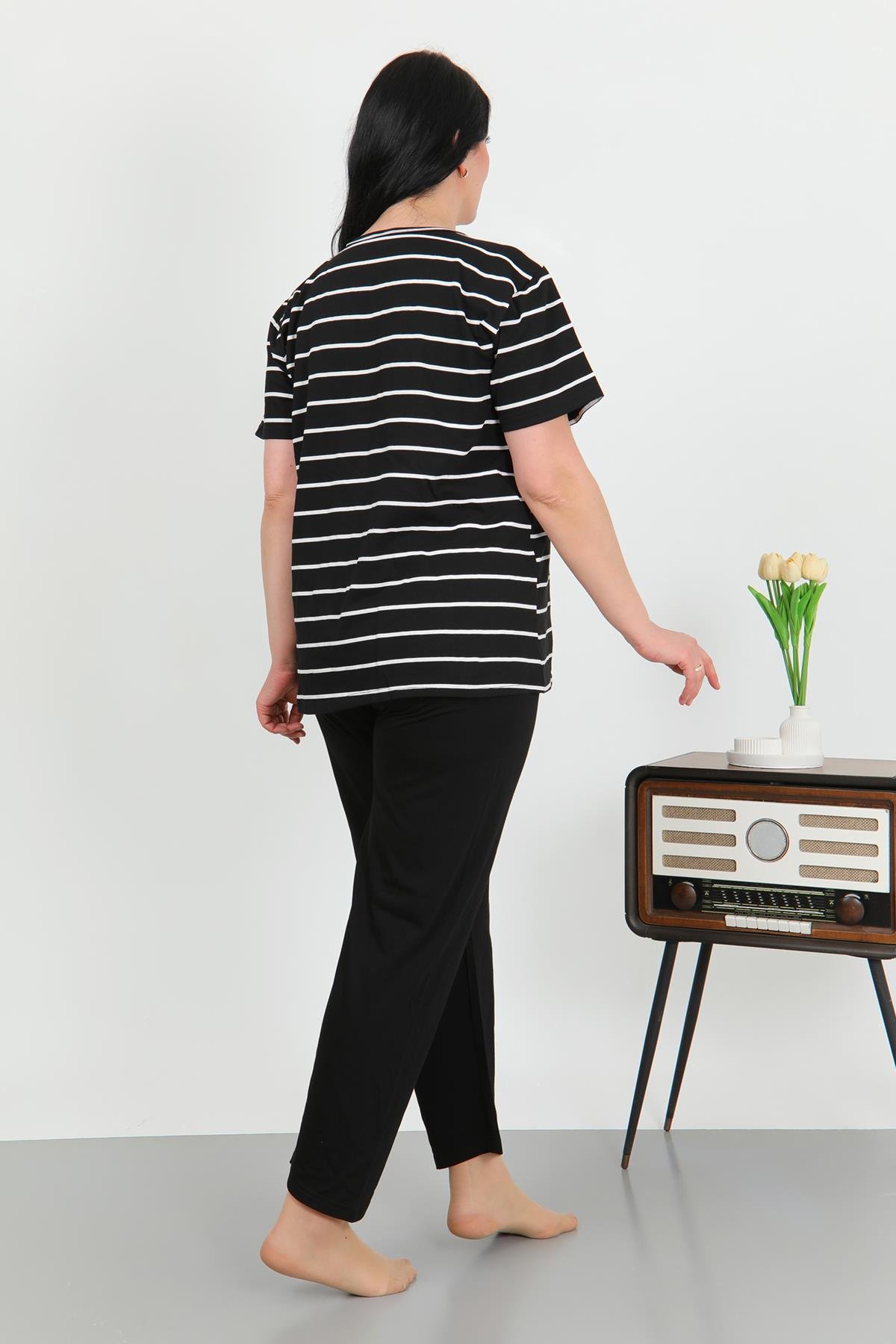 Akbeniz Kadın Büyük Beden Kısa Kol Penye Pijama Takımı Siyah 202505