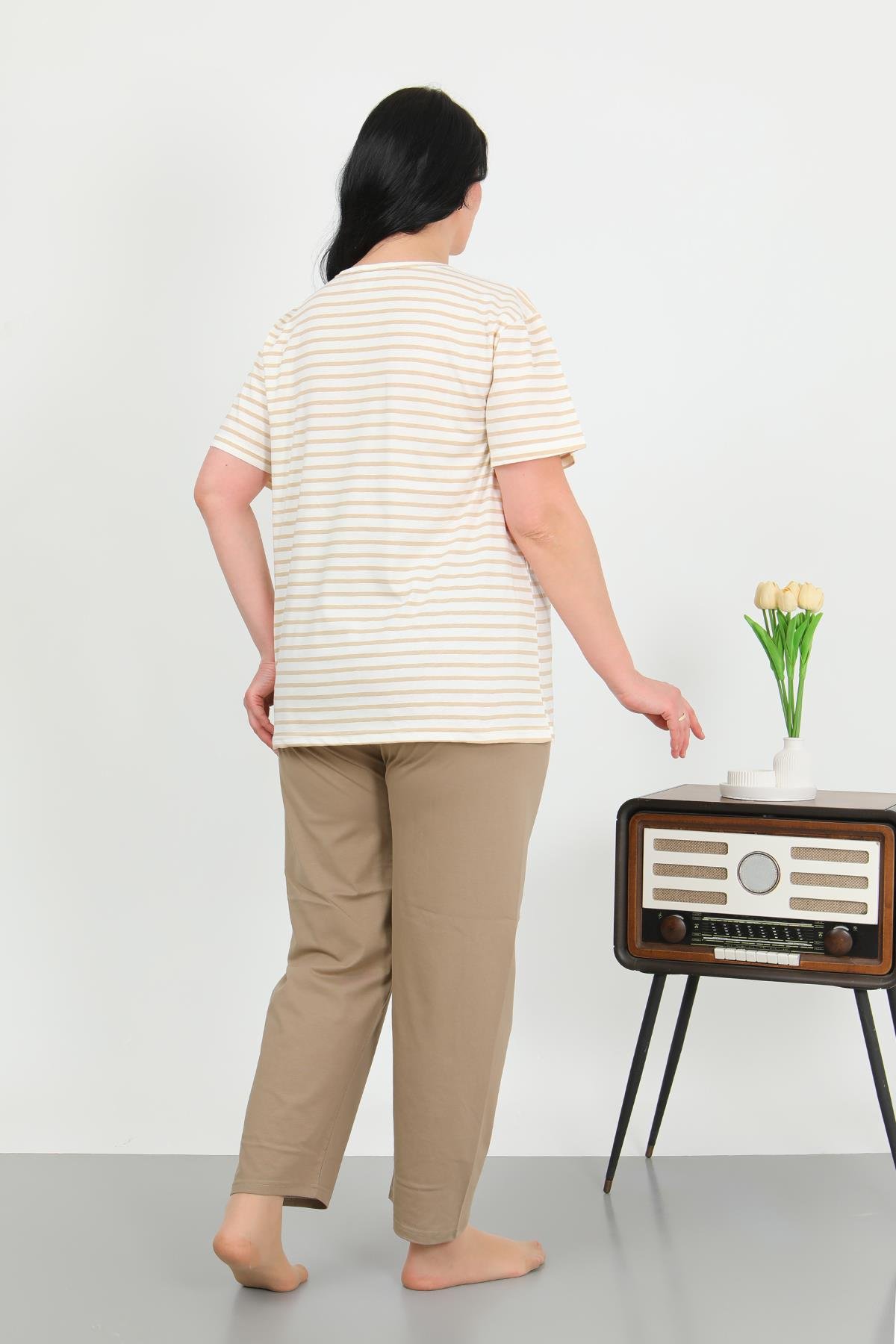 Akbeniz Kadın Büyük Beden Kısa Kol Penye Pijama Takımı Sütlü Kahve 202505