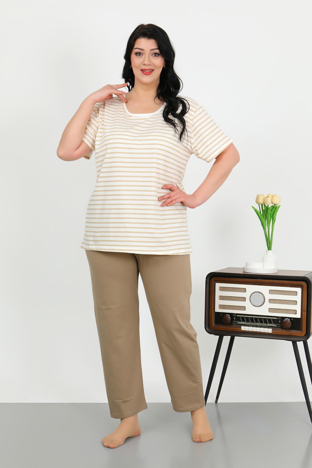 Akbeniz Kadın Büyük Beden Kısa Kol Penye Pijama Takımı Sütlü Kahve 202505