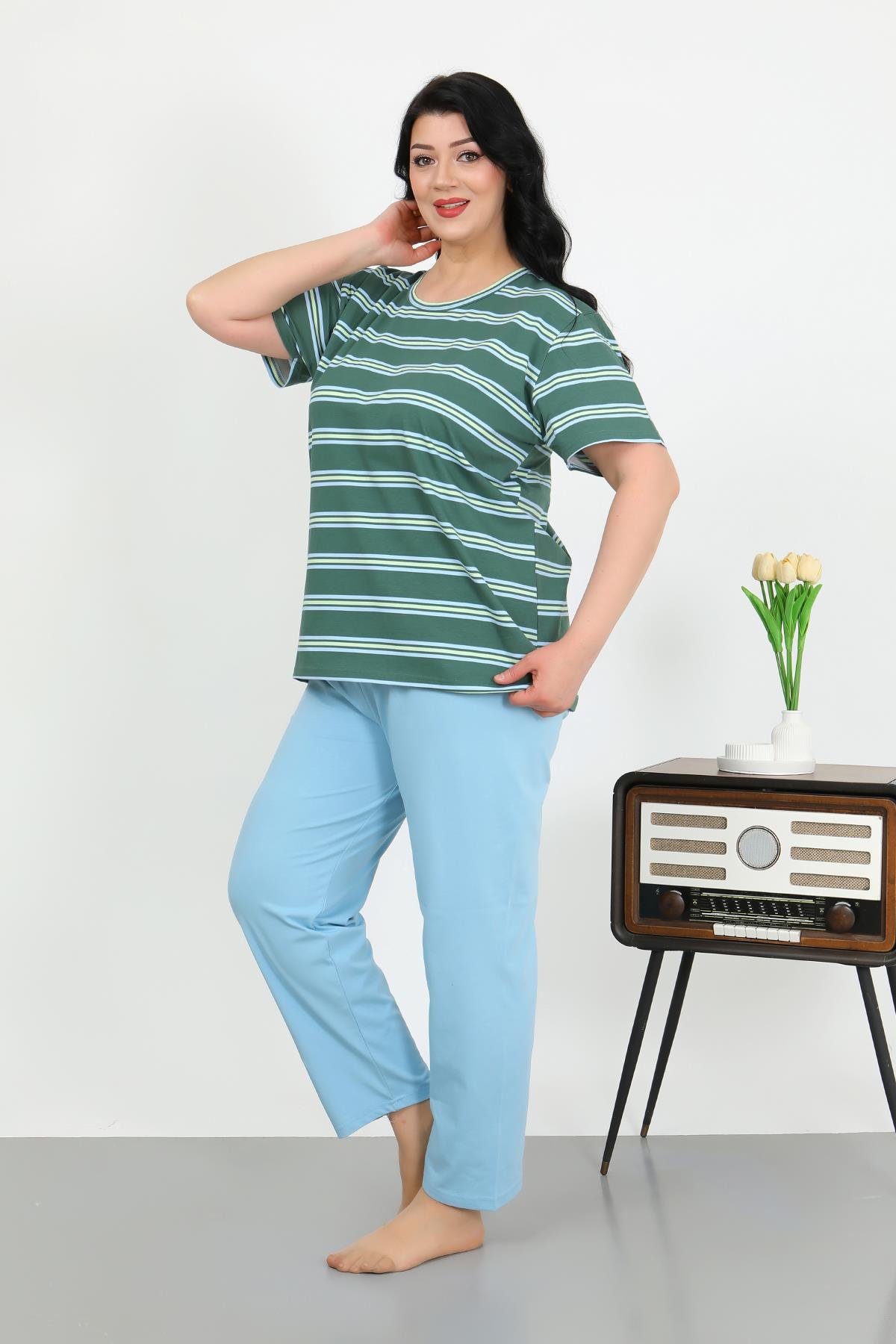 Akbeniz Kadın Büyük Beden Kısa Kol Penye Pijama Takımı Petrol 202505