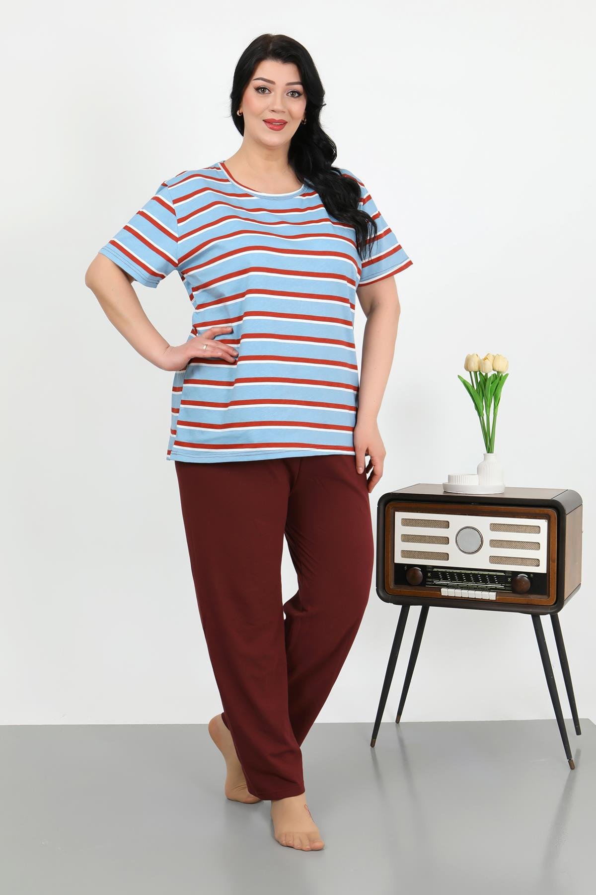 Akbeniz Kadın Büyük Beden Kısa Kol Penye Pijama Takımı Mavi 202505