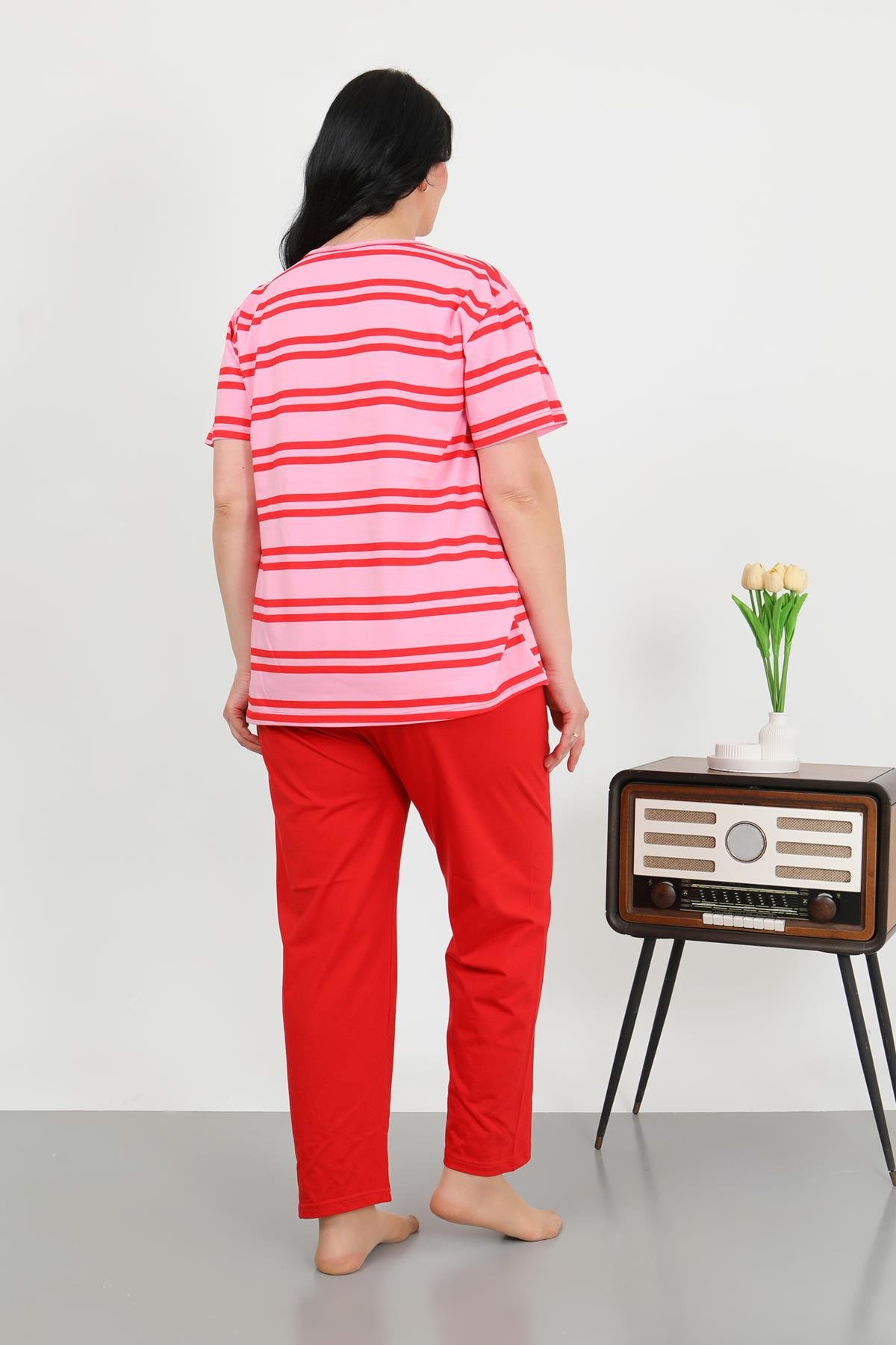 Akbeniz Kadın Büyük Beden Kısa Kol Penye Pijama Takımı Kırmızı 202505