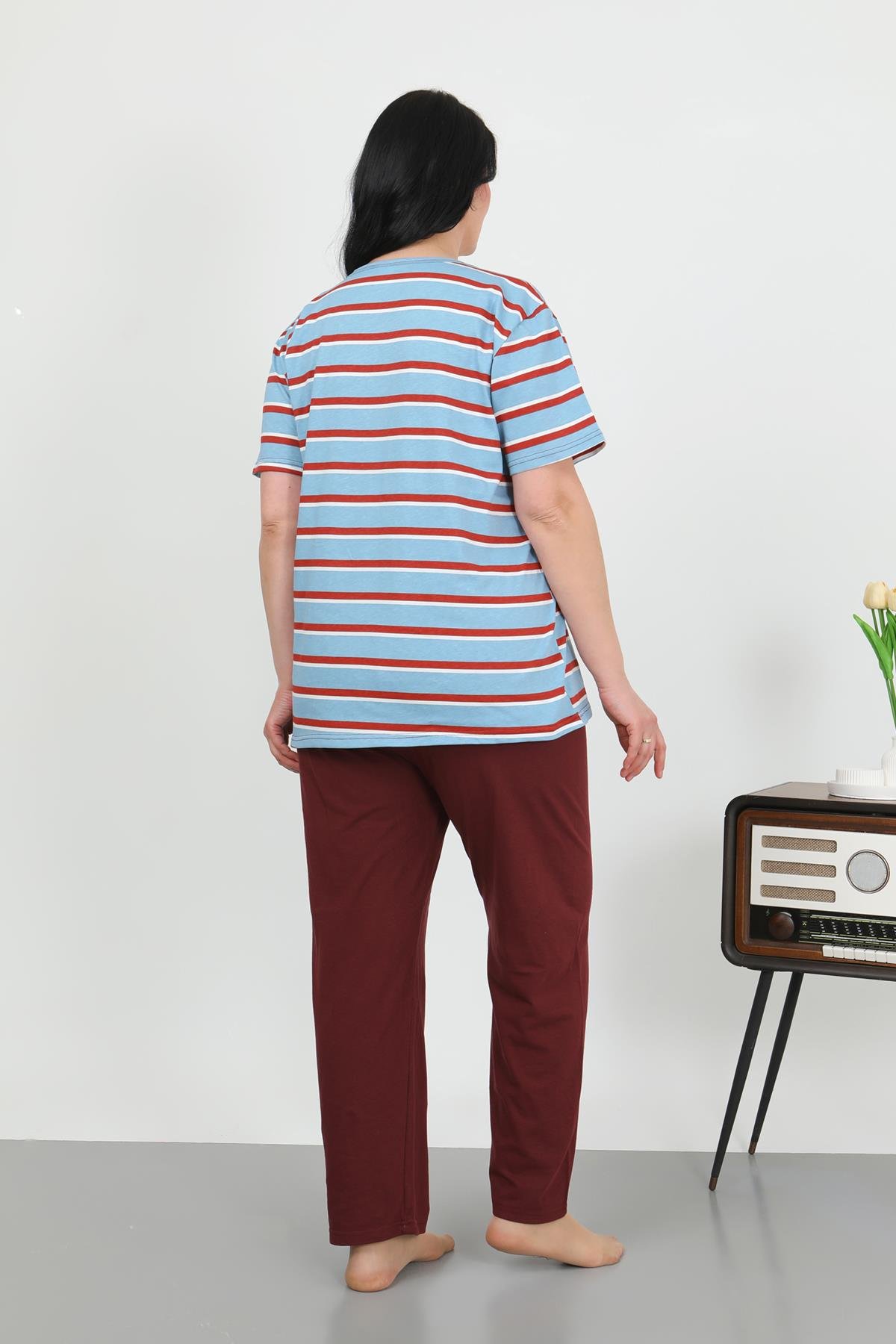 Akbeniz Kadın Büyük Beden Kısa Kol Penye Pijama Takımı Mavi 202505