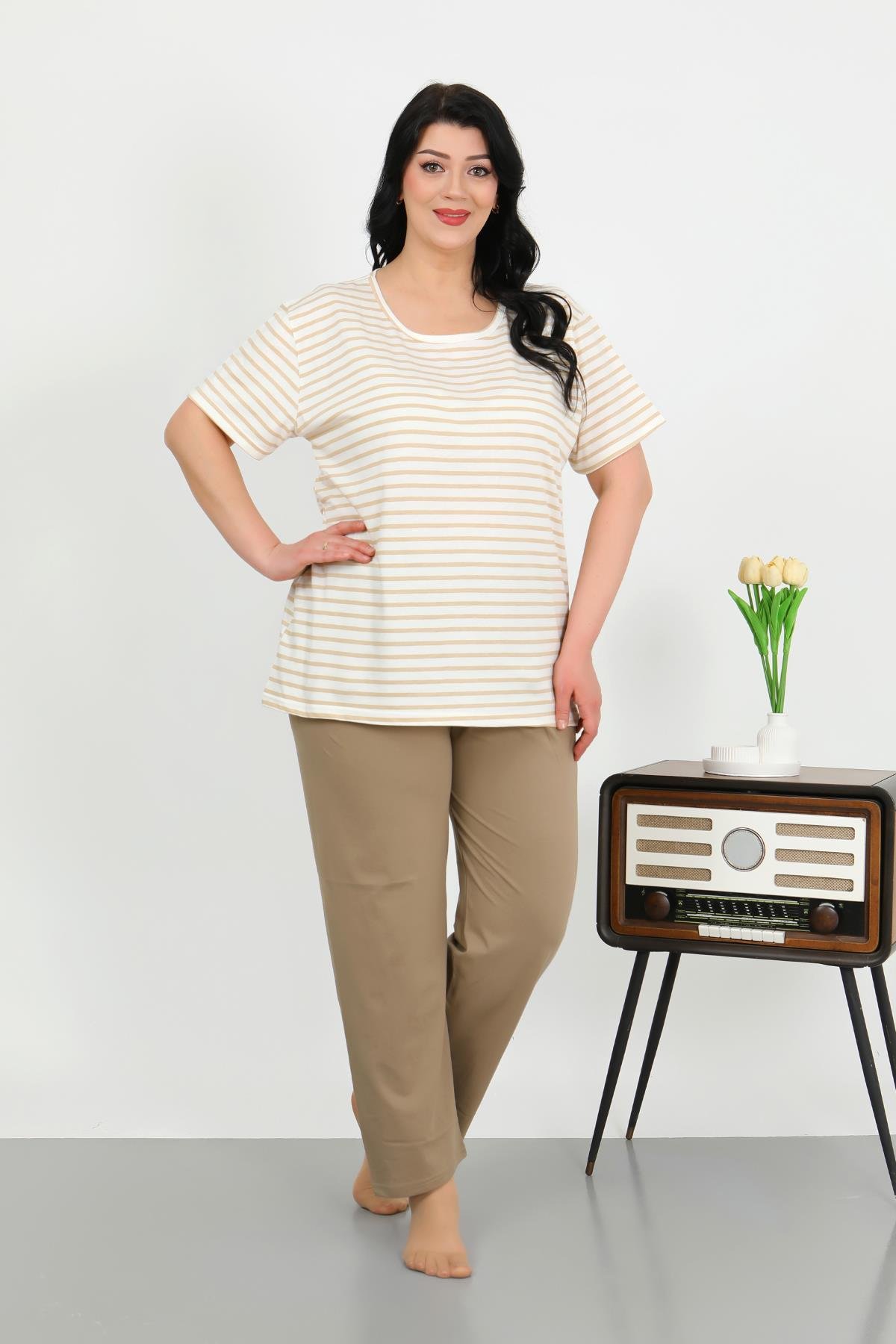 Akbeniz Kadın Büyük Beden Kısa Kol Penye Pijama Takımı Sütlü Kahve 202505