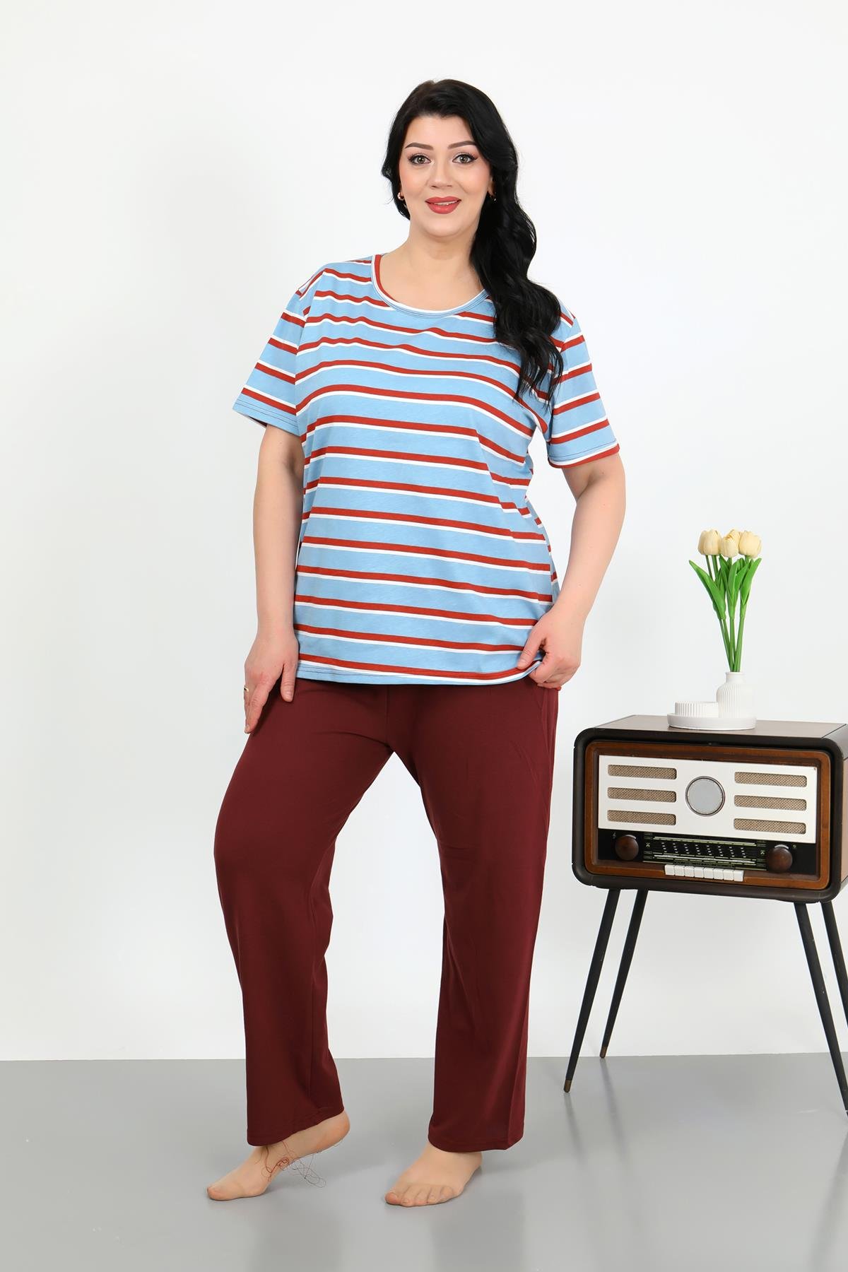 Akbeniz Kadın Büyük Beden Kısa Kol Penye Pijama Takımı Mavi 202505