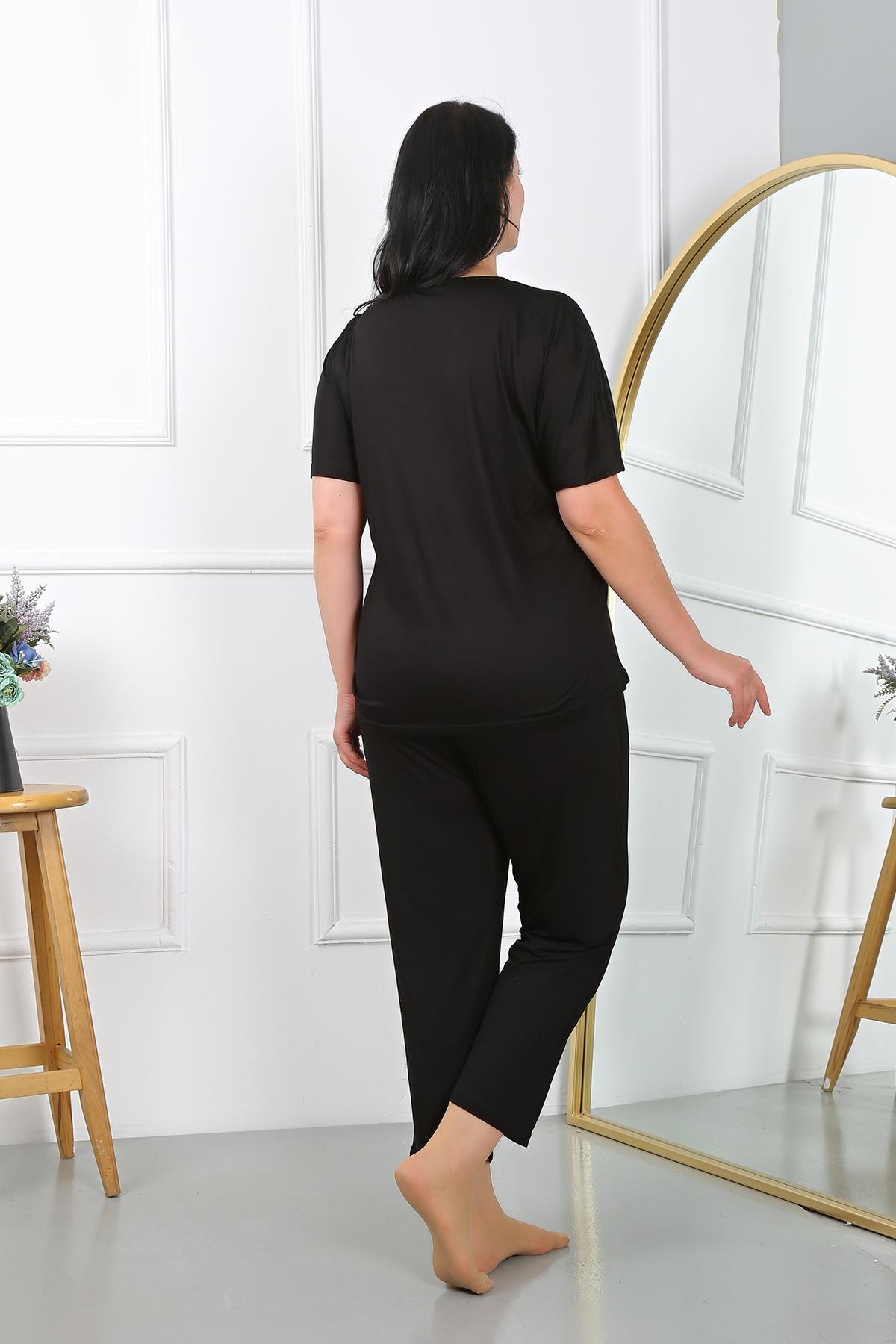 Akbeniz Kadın Büyük Beden  Kısa Kol Penye Pijama Takımı Siyah 202405