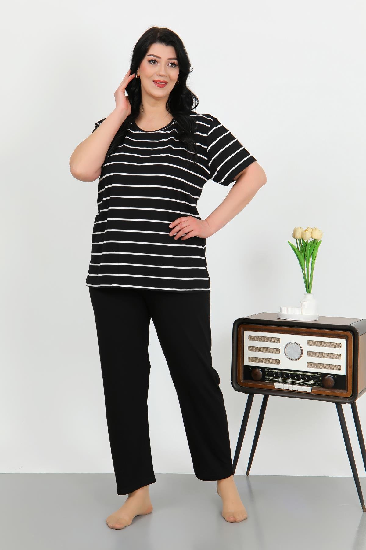 Akbeniz Kadın Büyük Beden Kısa Kol Penye Pijama Takımı Siyah 202505