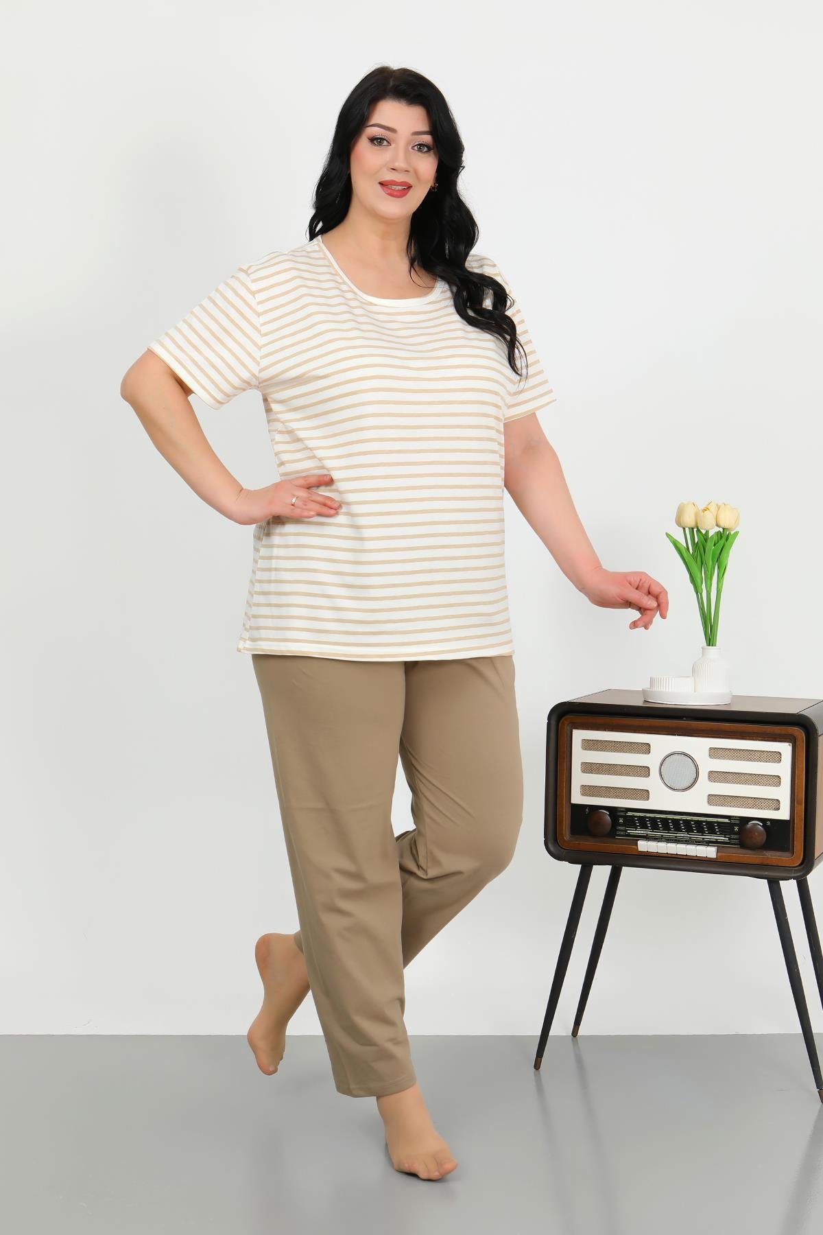 Akbeniz Kadın Büyük Beden Kısa Kol Penye Pijama Takımı Sütlü Kahve 202505