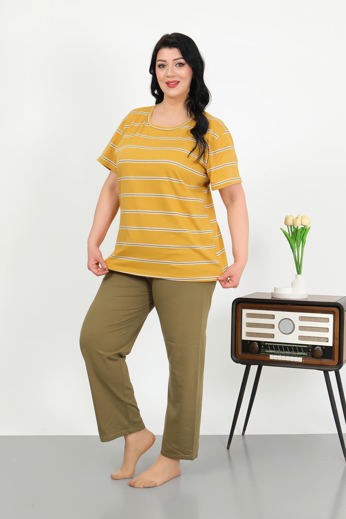 Akbeniz Kadın Büyük Beden Kısa Kol Penye Pijama Takımı Sarı 202505