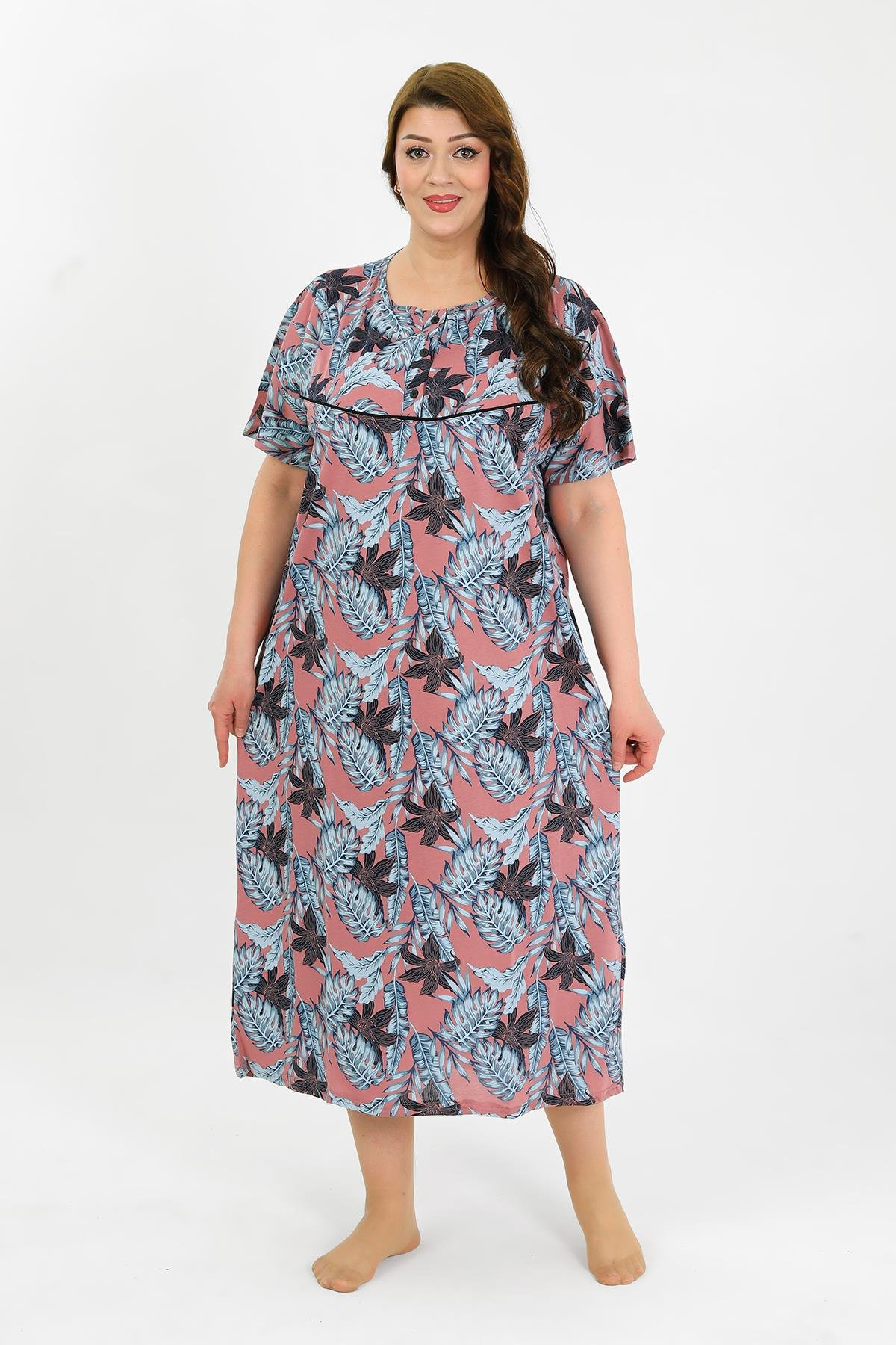 Akbeniz Kadın Büyük Beden Kısa Kol Somon Anne Gecelik 1377