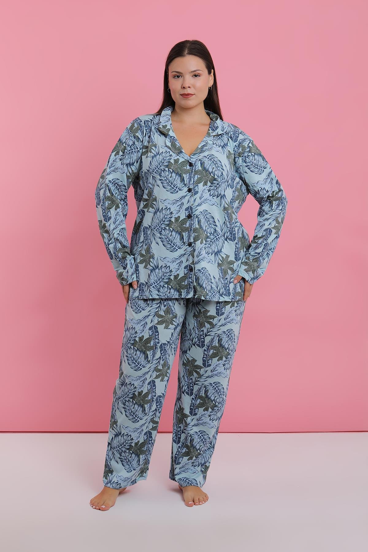 Akbeniz Kadın Büyük Beden Mavi Tropikal Desenli Düğmeli Pijama Takımı