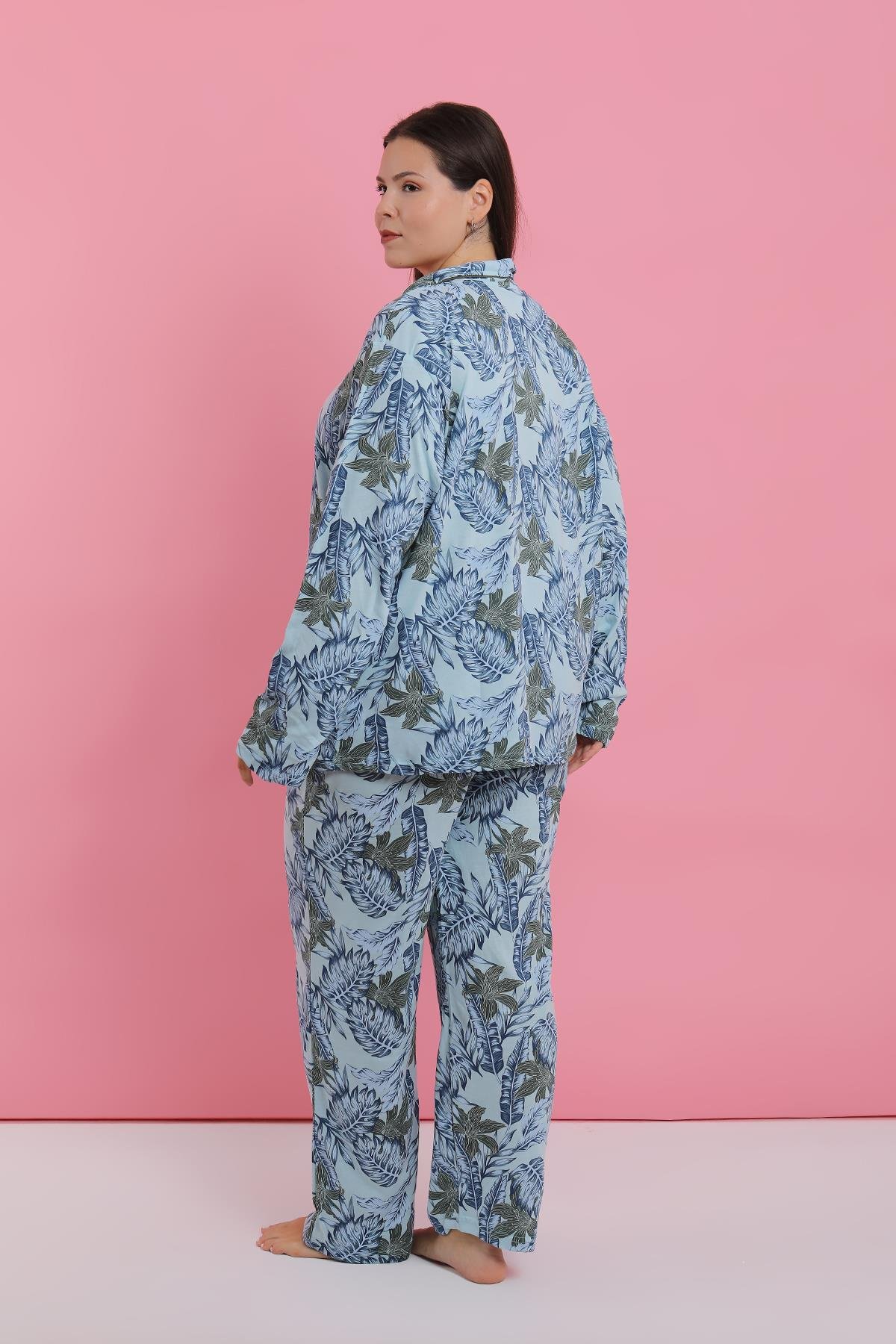 Akbeniz Kadın Büyük Beden Mavi Tropikal Desenli Düğmeli Pijama Takımı