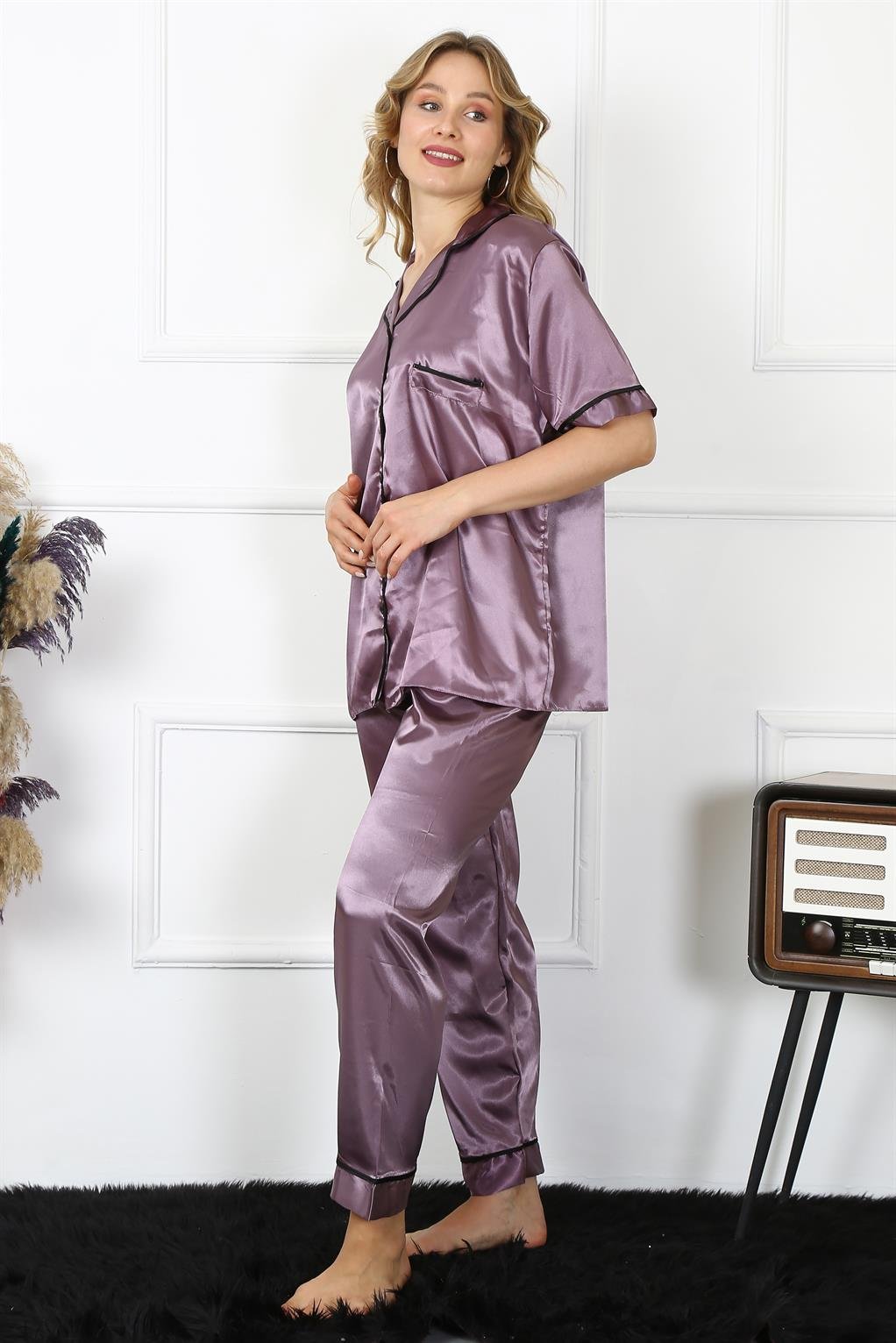 Akbeniz Kadın Büyük Beden Mor Saten Pijama Takımı 10303