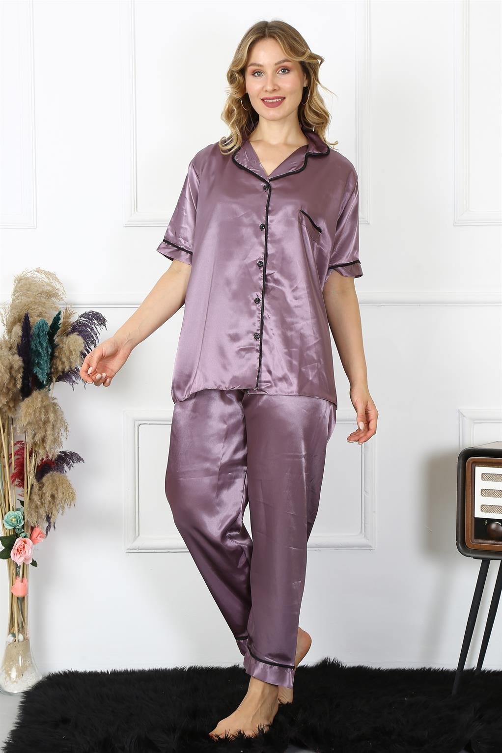 Akbeniz Kadın Büyük Beden Mor Saten Pijama Takımı 10303