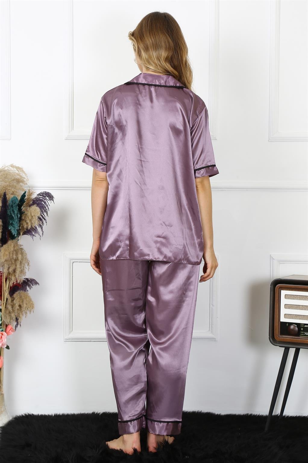Akbeniz Kadın Büyük Beden Mor Saten Pijama Takımı 10303