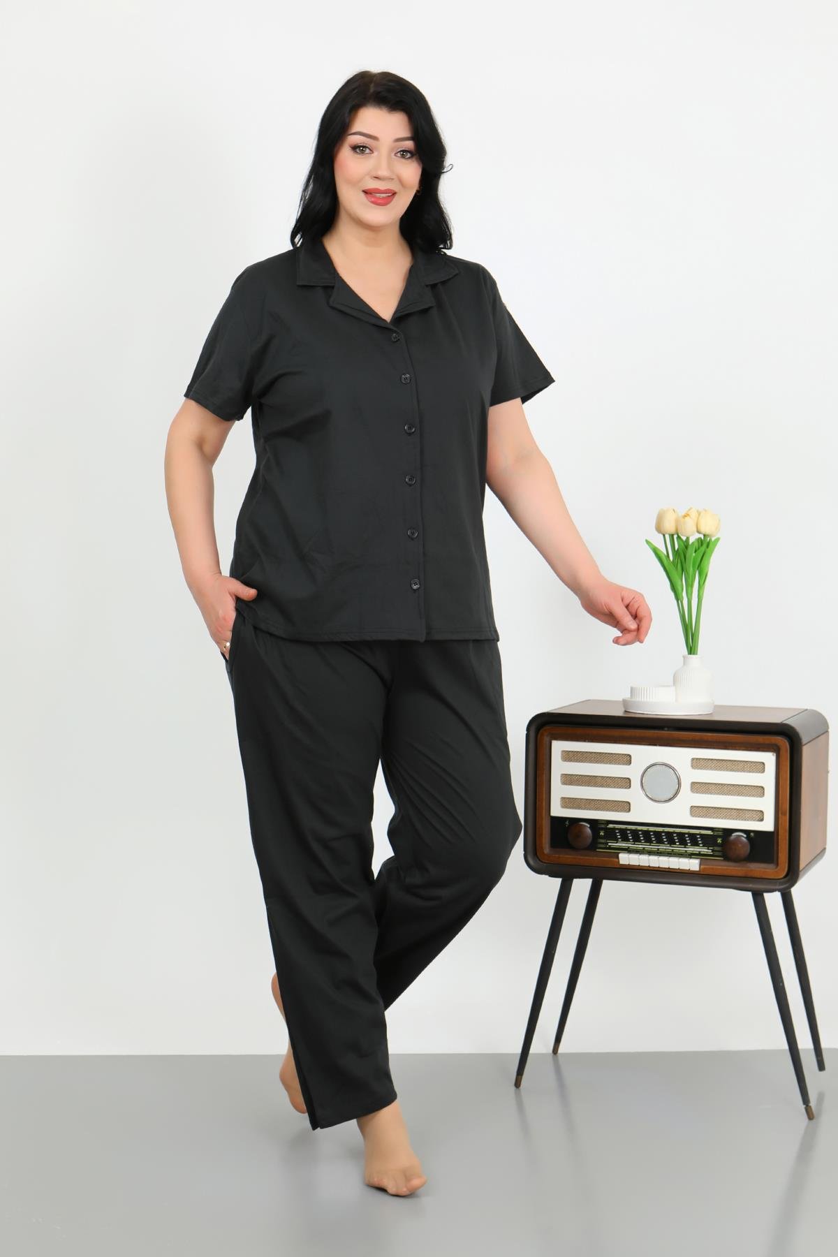 Akbeniz Kadın Büyük Beden Pamuklu Cepli Düğmeli Siyah Pijama Takım 202507