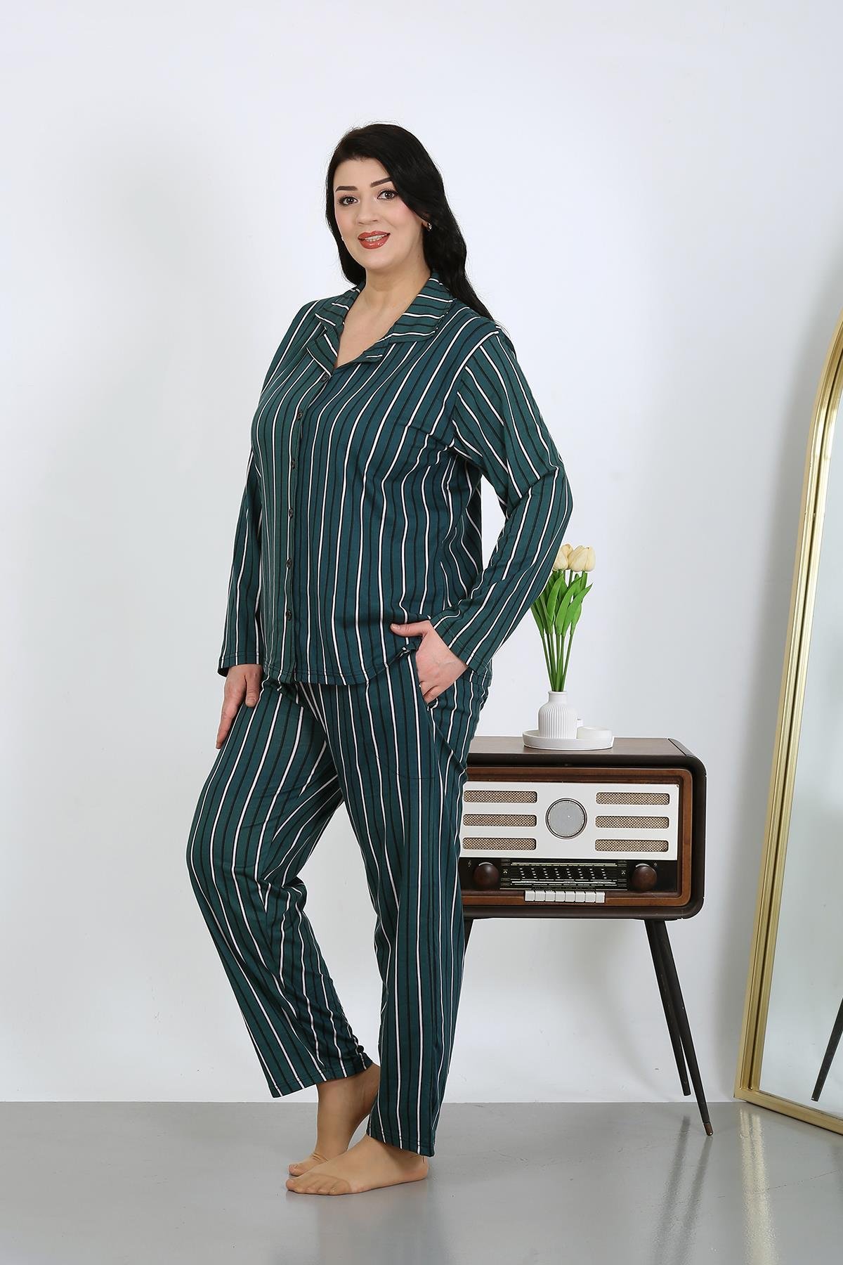 Akbeniz Kadın Büyük Beden Pamuklu Cepli Düğmeli Petrol Pijama Takım 202504