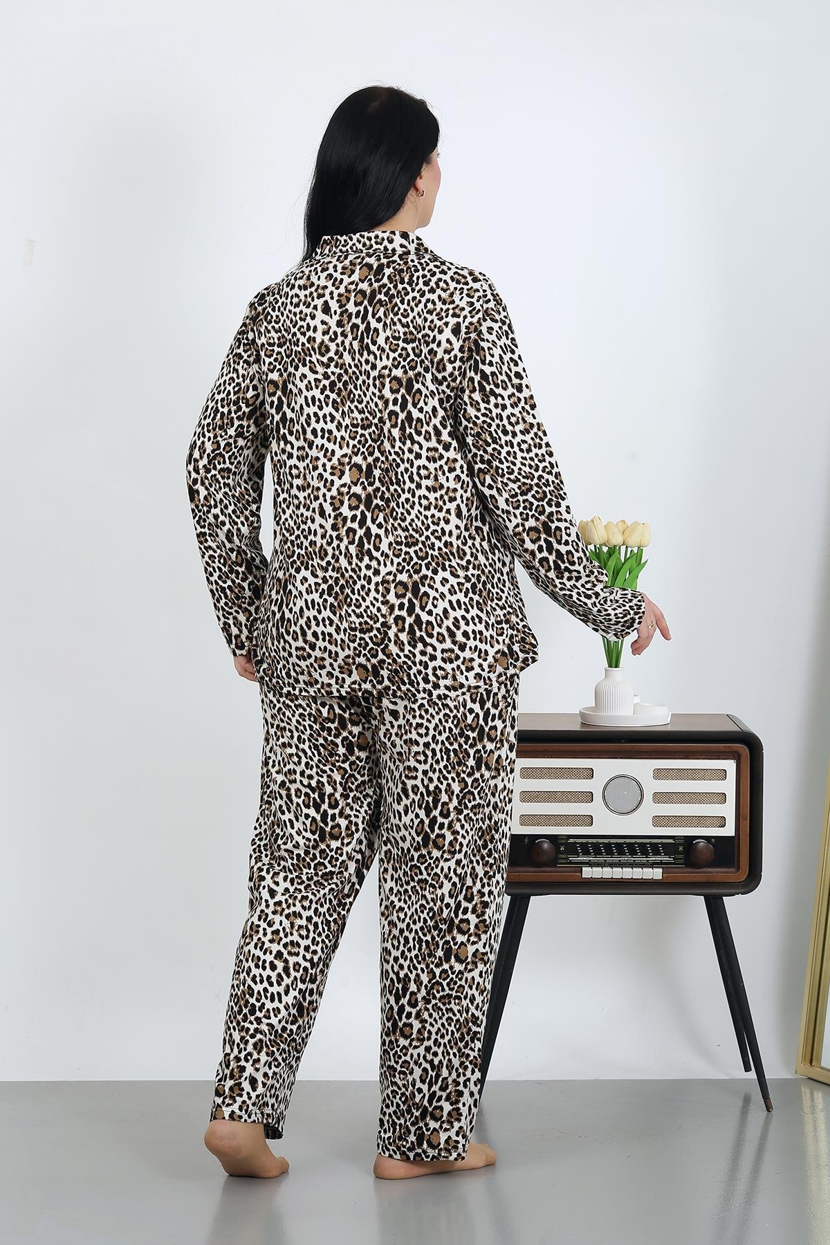 Akbeniz Kadın Büyük Beden Pamuklu Cepli Düğmeli Kahve Pijama Takım 202504