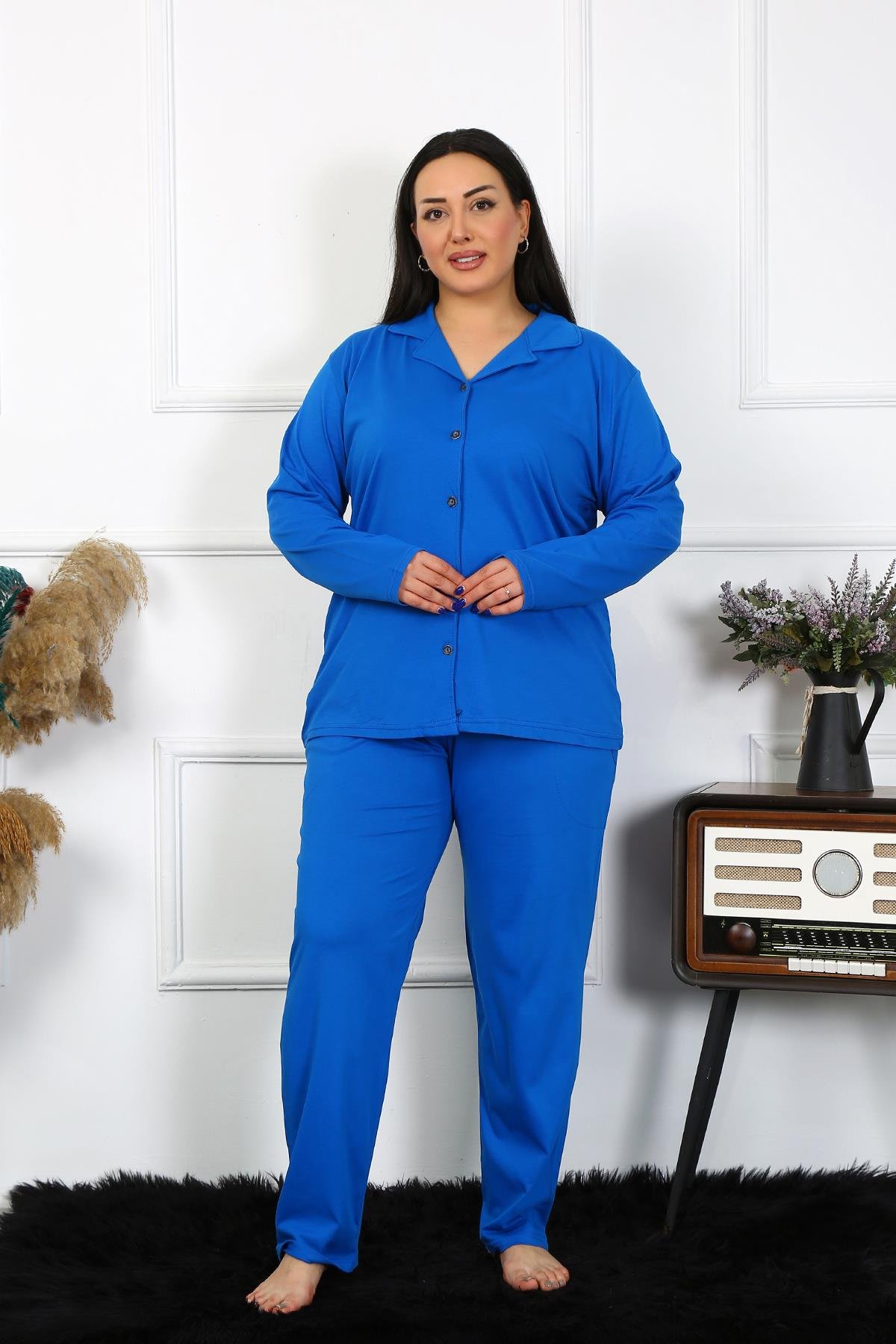 Akbeniz Kadın Büyük Beden Pamuklu Cepli Düğmeli Saks Pijama Takım 202401